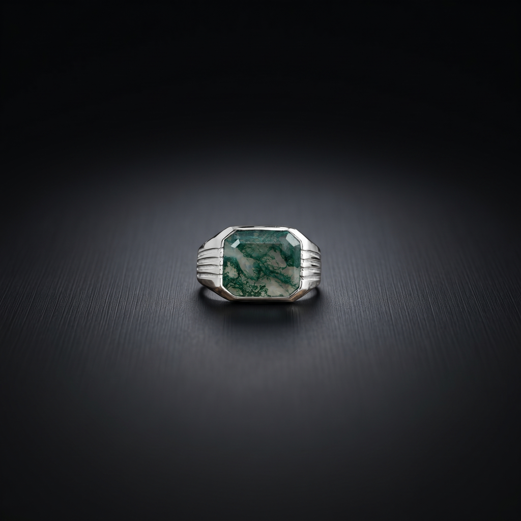 Natural Moss Agate Men's Ring