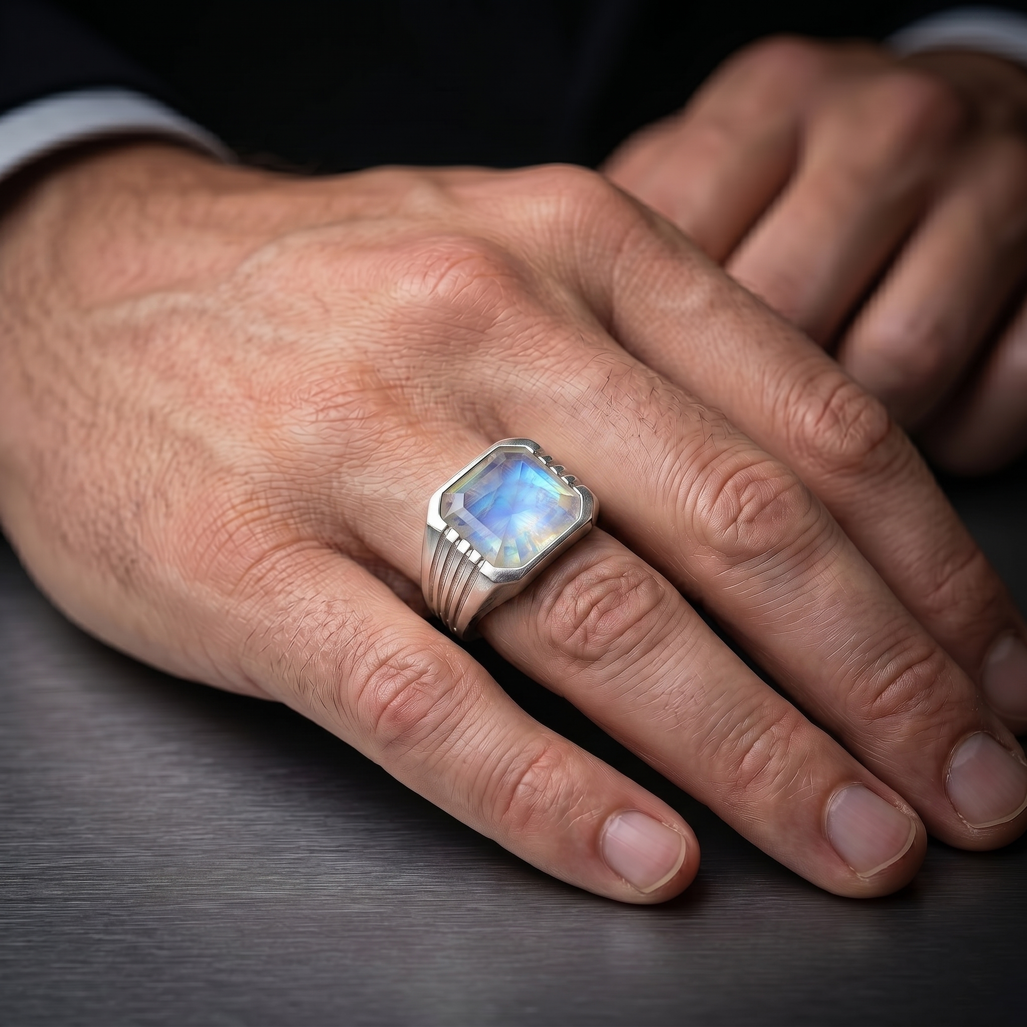 Rainbow Moonstone Signet Ring