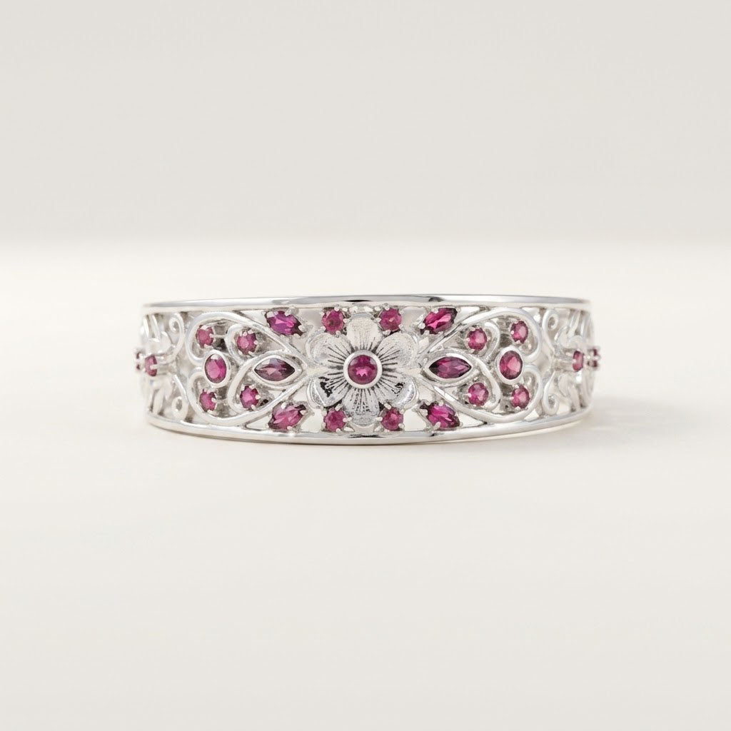 Rhodolite Garnet Floral Sterling Silver Bracelet