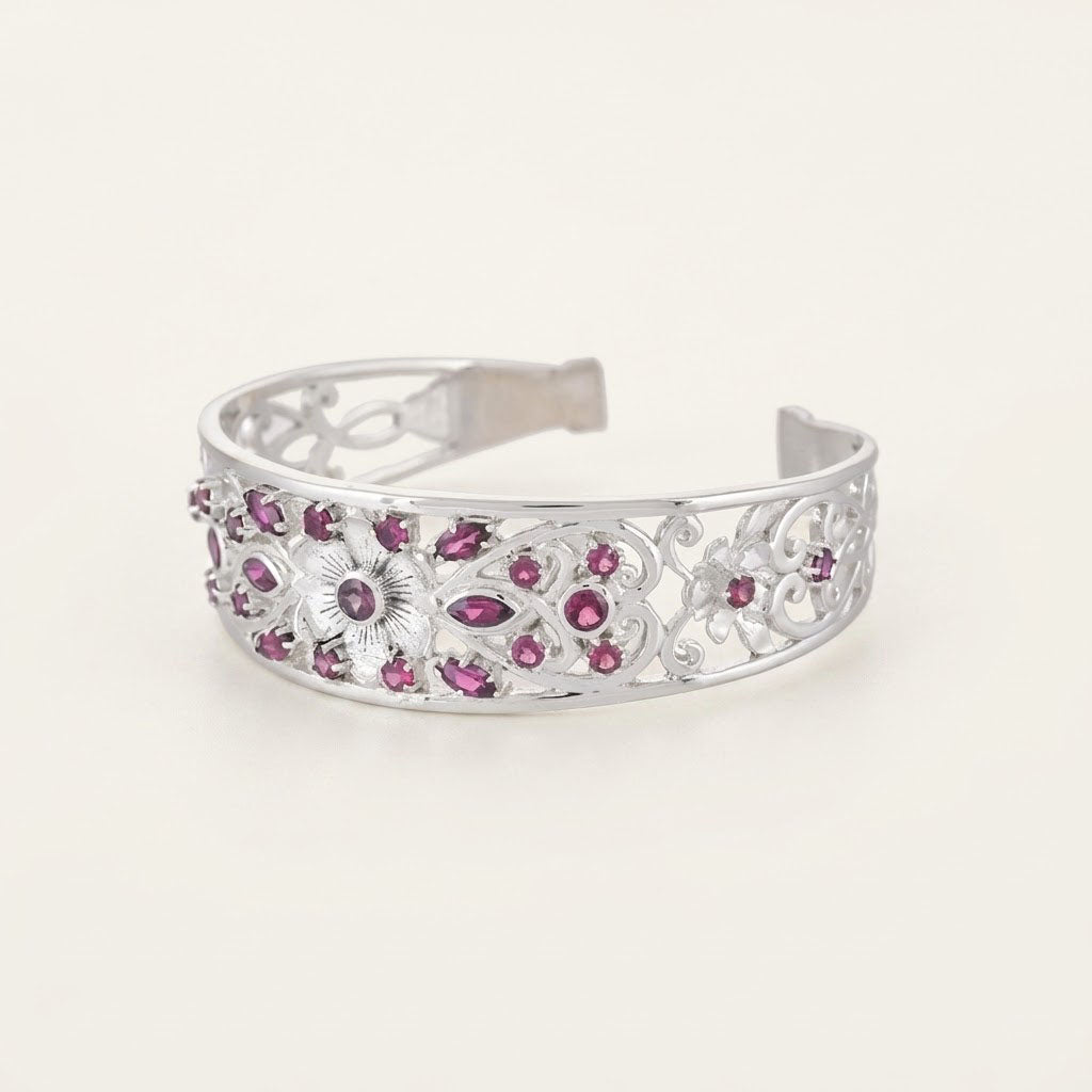 Rhodolite Garnet Floral Sterling Silver Bracelet