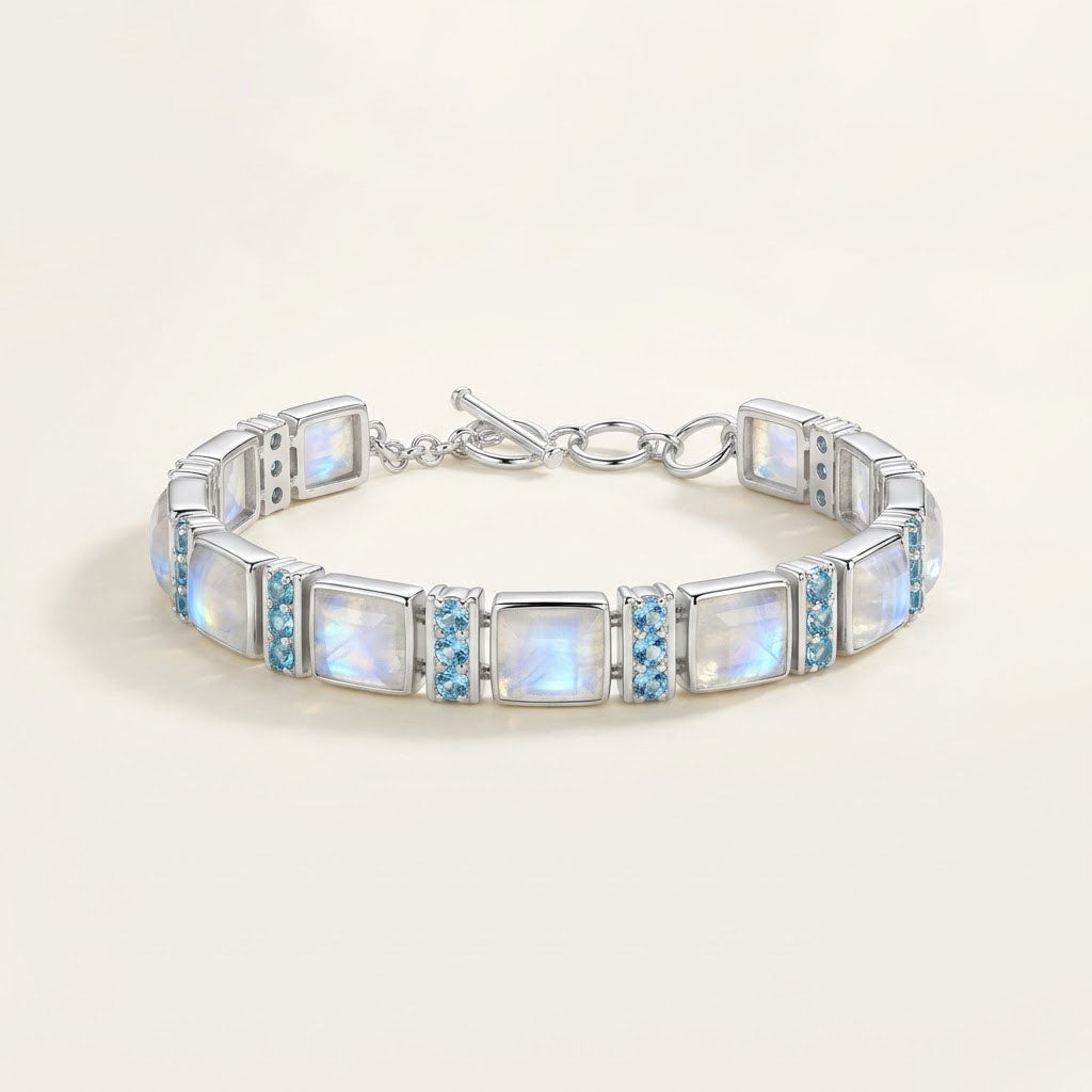 Rainbow Moonstone & Blue Topaz Sterling Silver Bracelet