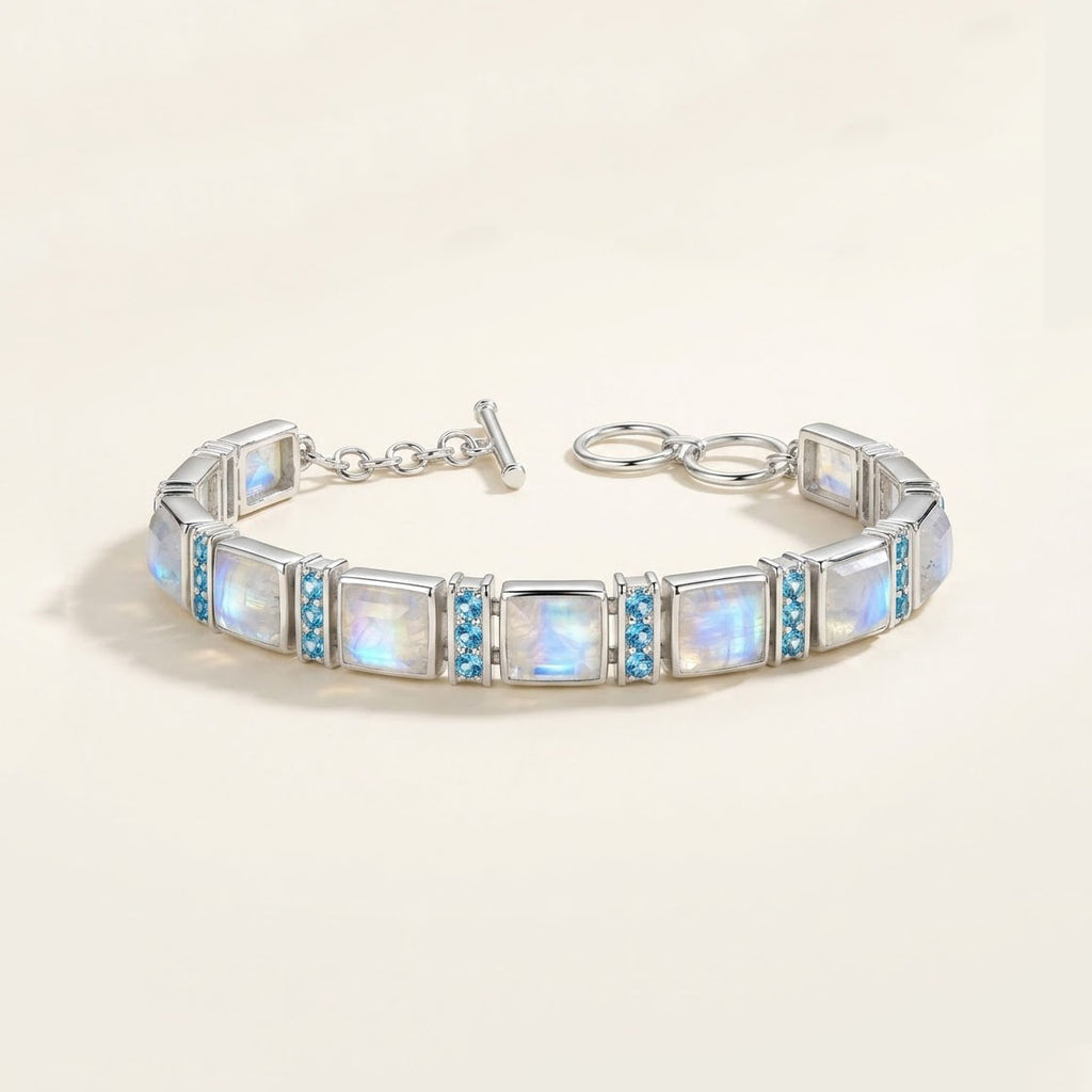Rainbow Moonstone & Blue Topaz Sterling Silver Bracelet