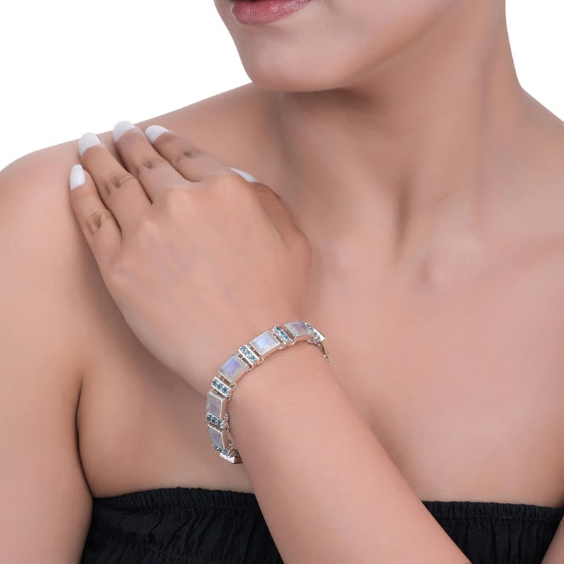 Rainbow Moonstone & Blue Topaz Sterling Silver Bracelet