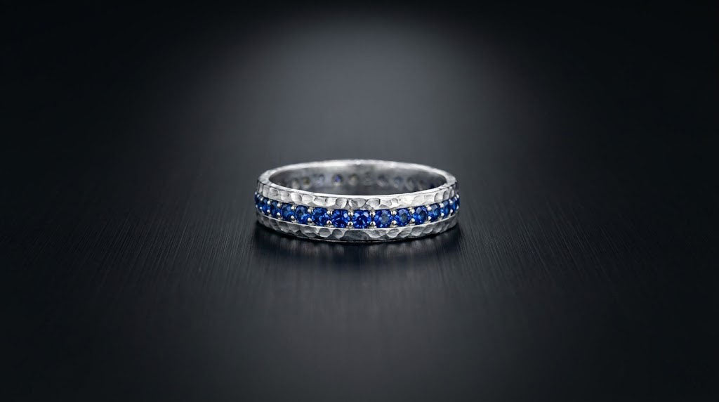 Blue Sapphire Men's Eternity Hammered Band