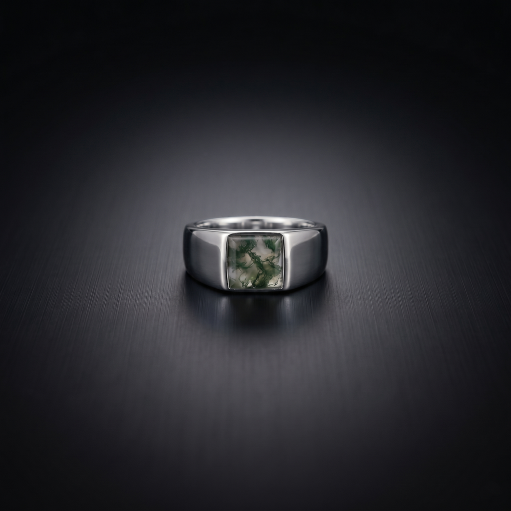 Moss Agate Signet Ring for Men