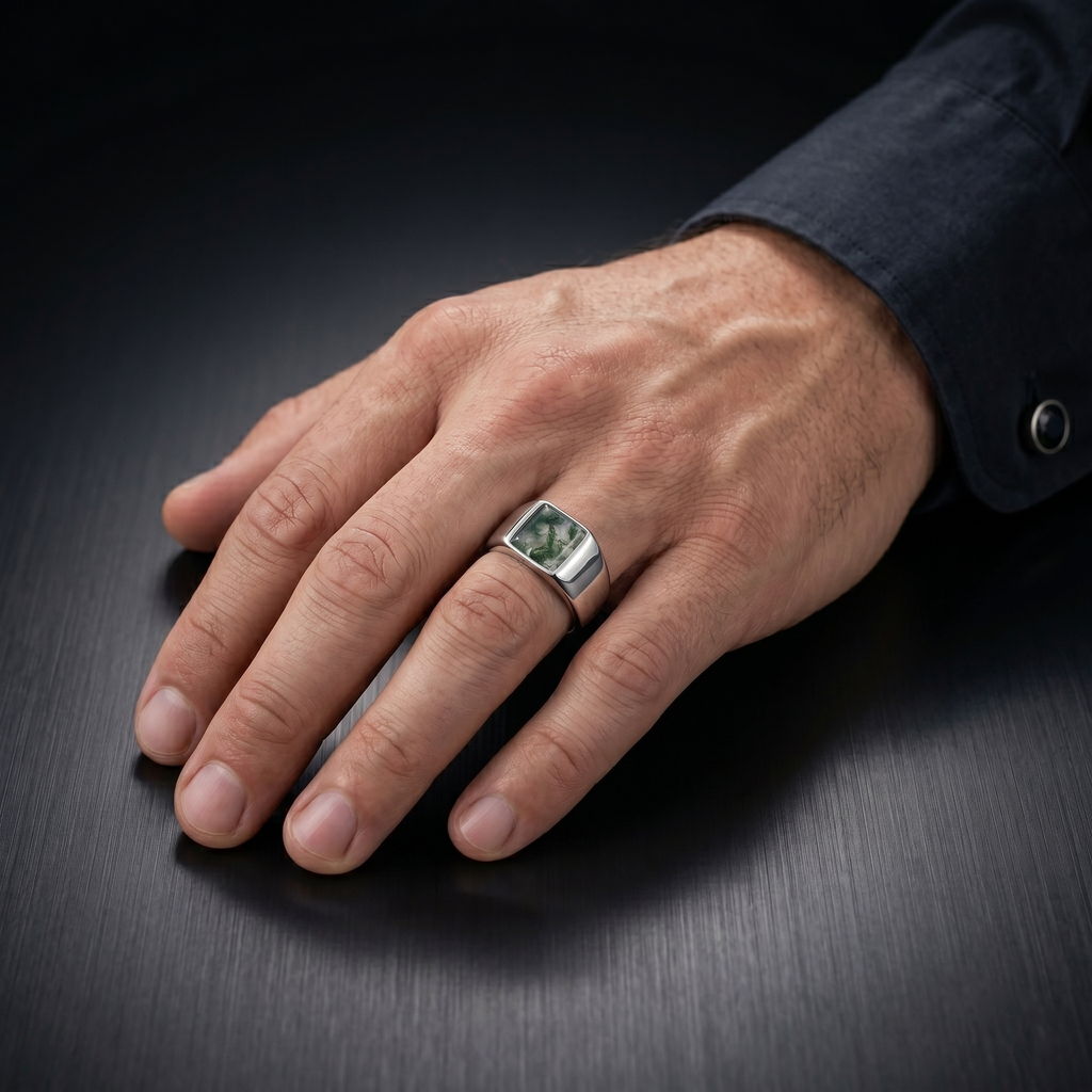 Moss Agate Signet Ring for Men