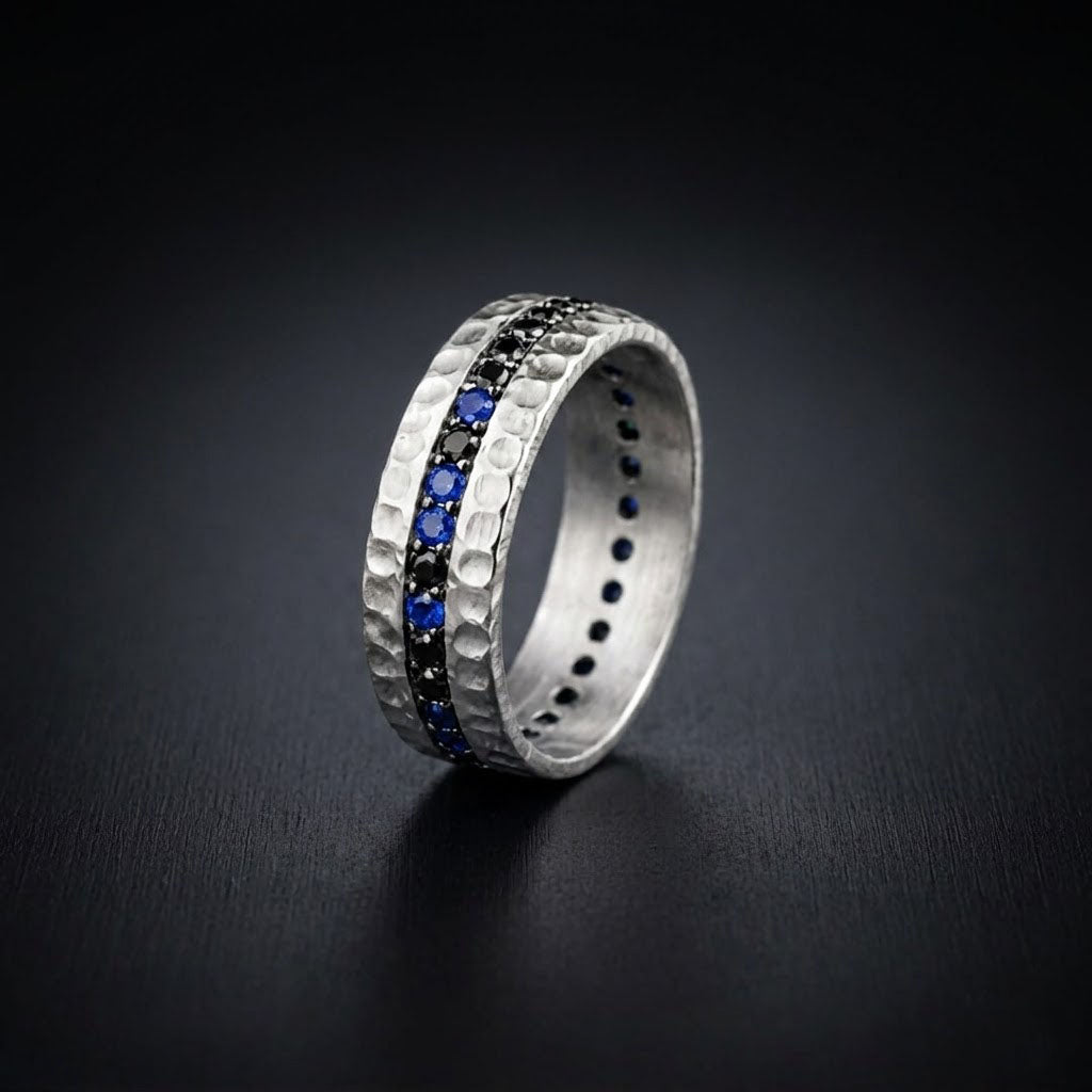 Blue Sapphire Men's Eternity Hammered Band