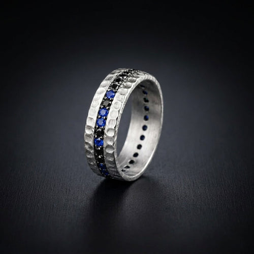 Blue Sapphire Men's Eternity Hammered Band