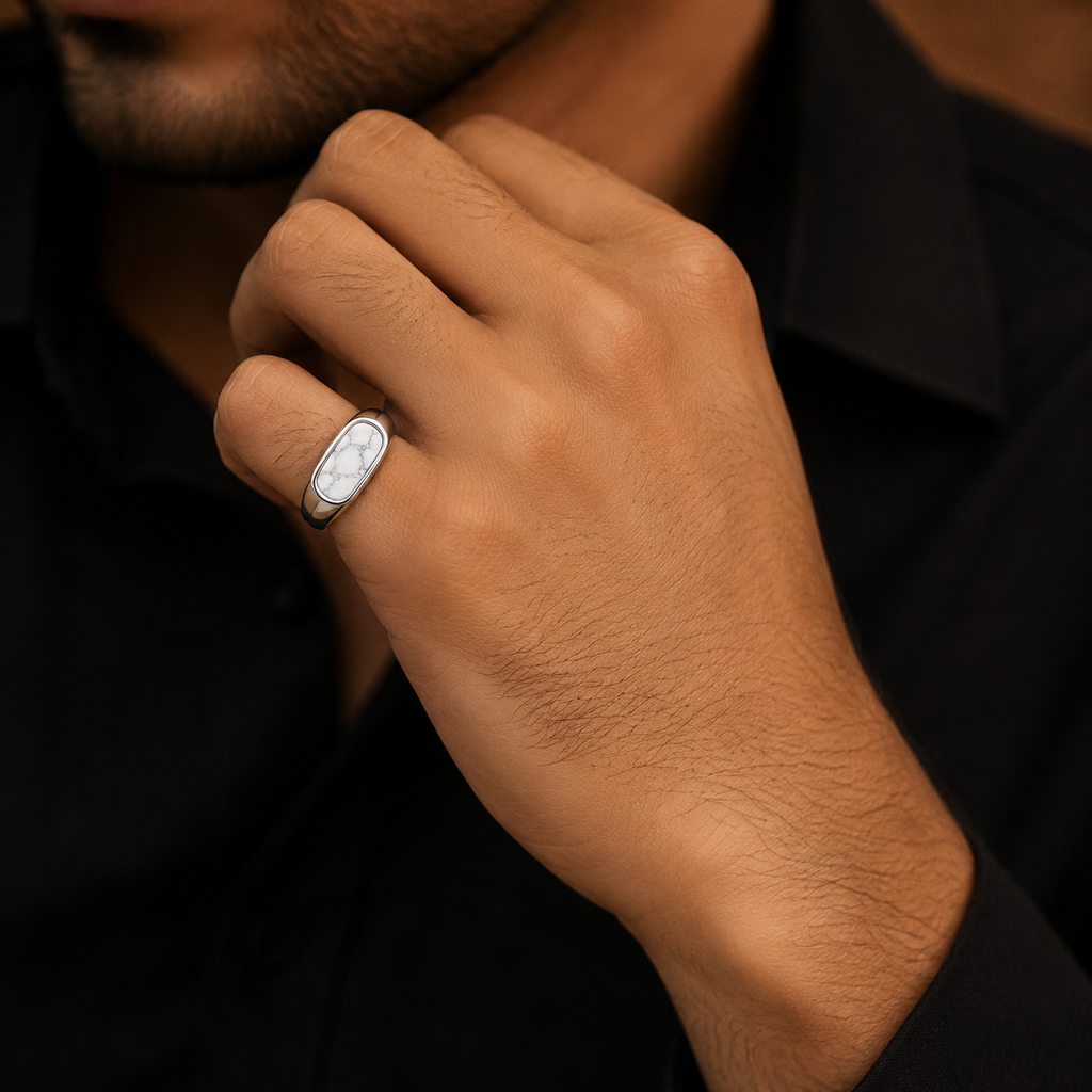 White Howlite Men's Minimalist Silver Ring