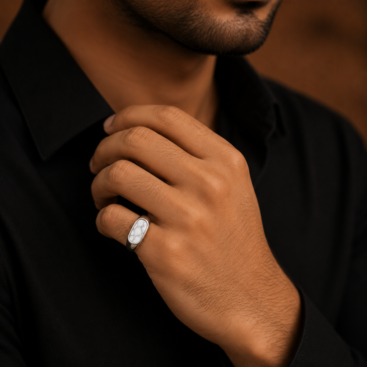 White Howlite Men's Minimalist Silver Ring