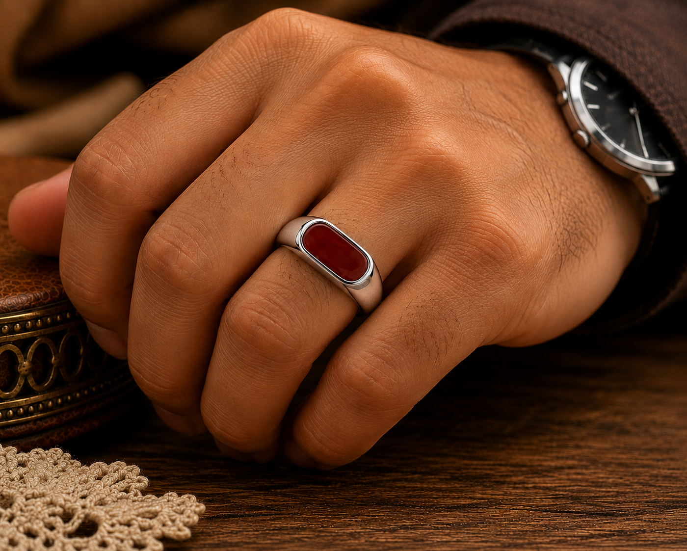 Dainty Red Onyx Men's Signet Ring