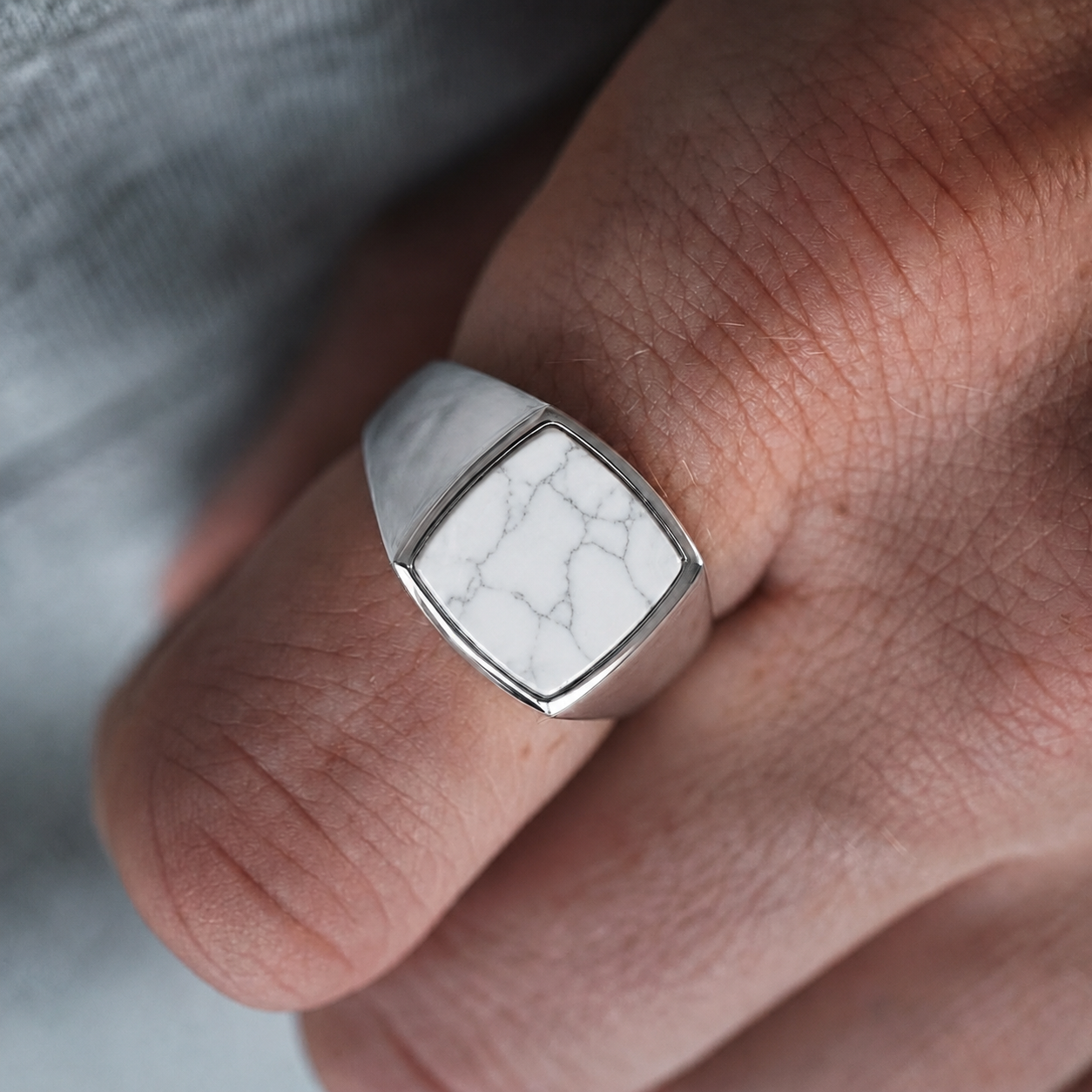 White Howlite Signet Men's Ring in Sterling Silver