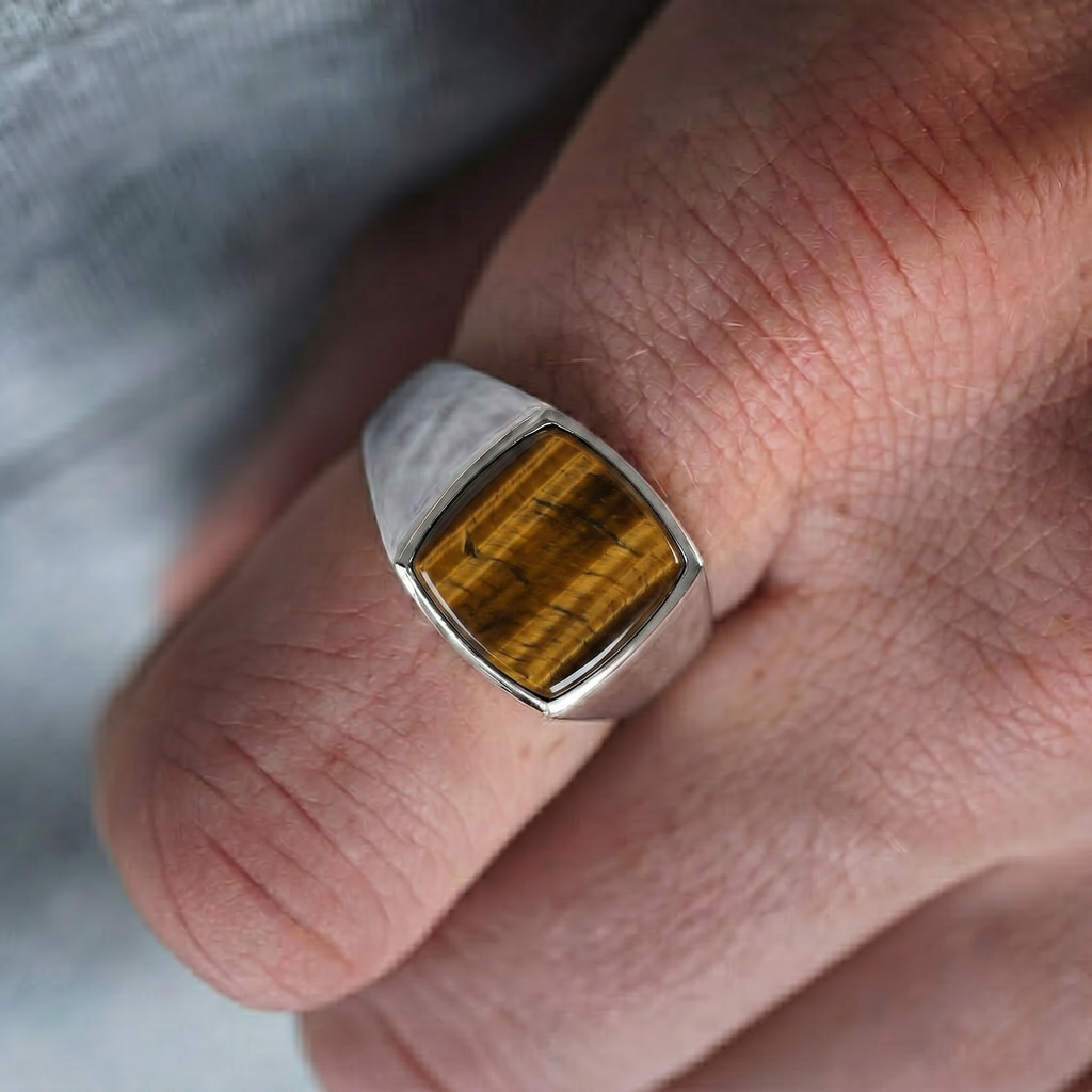 Tiger Eye Signet Men's Ring in Sterling Silver
