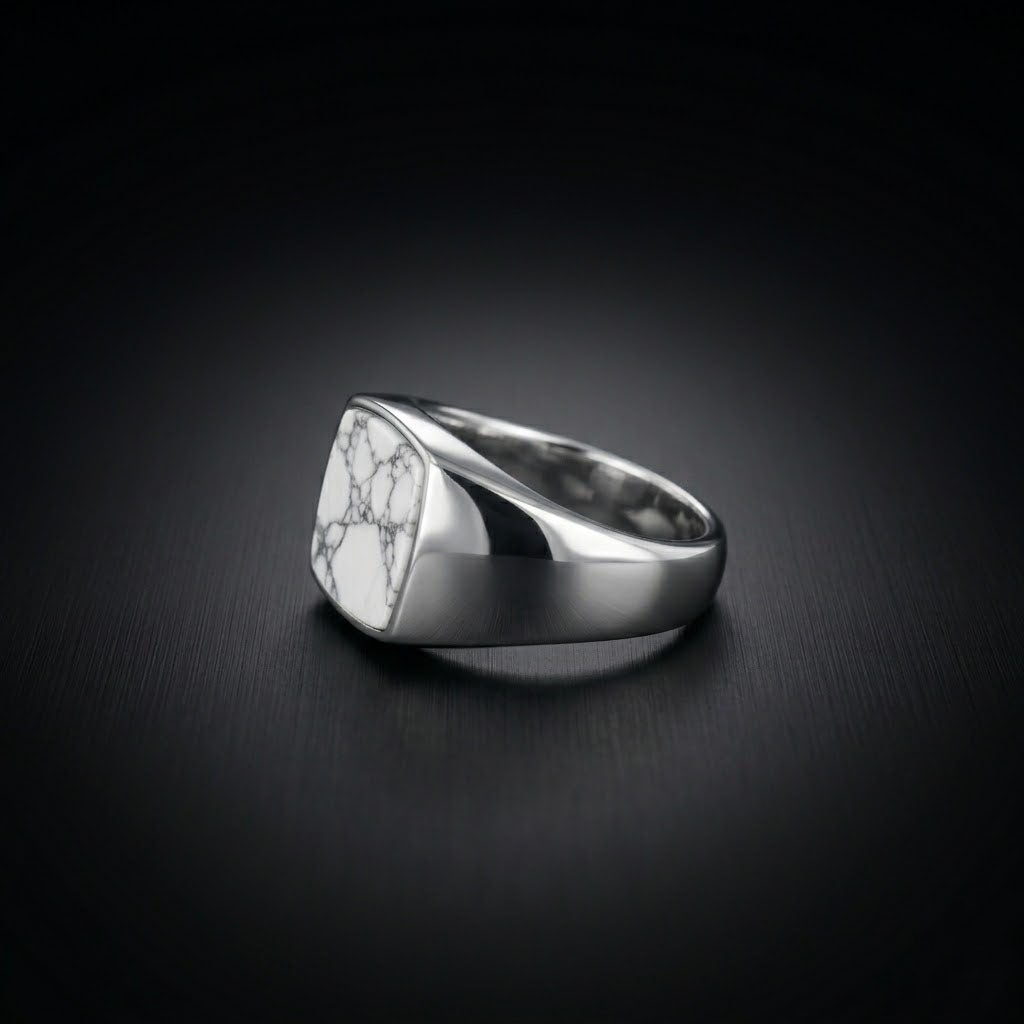 White Howlite Signet Men's Ring in Sterling Silver