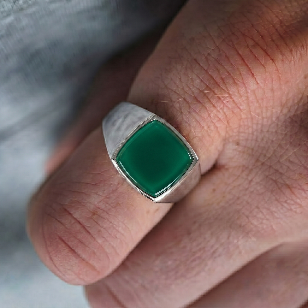 Green Onyx Signet Men's Ring in Sterling Silver
