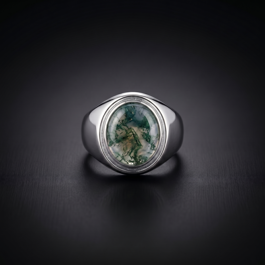 Men’s Sterling Silver Moss Agate Signet Ring