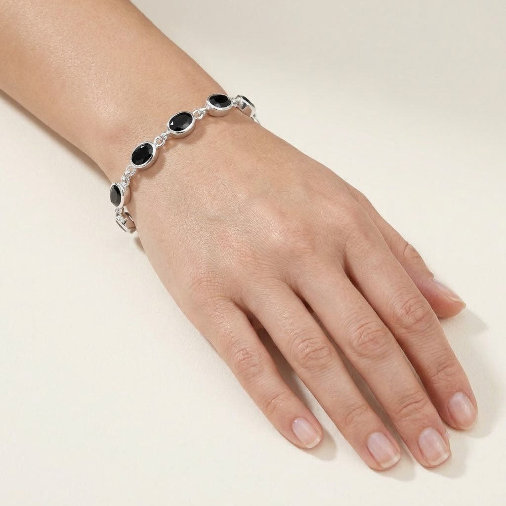 Black Spinel Link Bracelet | Sterling Silver