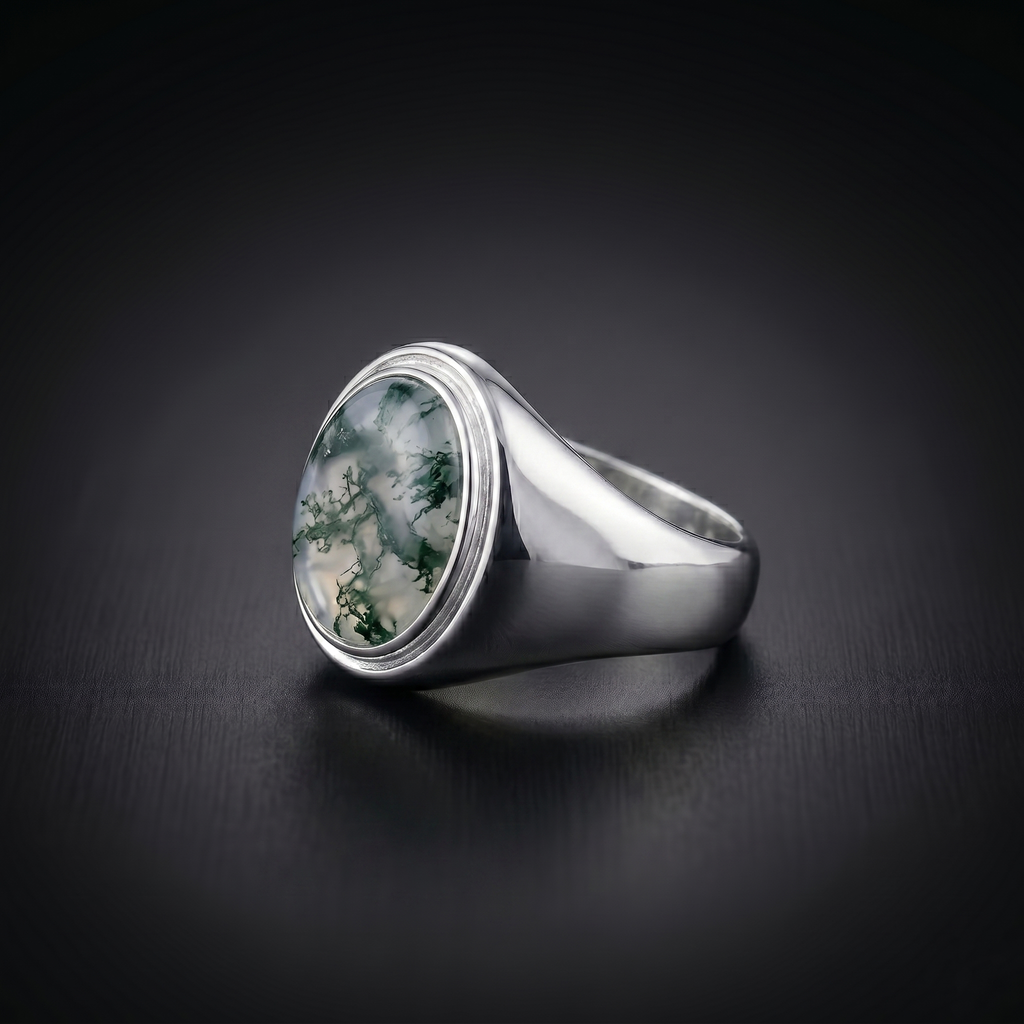 Men’s Sterling Silver Moss Agate Signet Ring