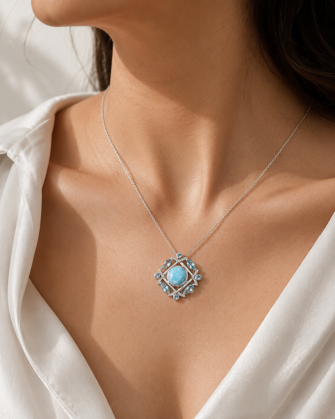 The Caribbean Grid Larimar and Blue Topaz Pendant
