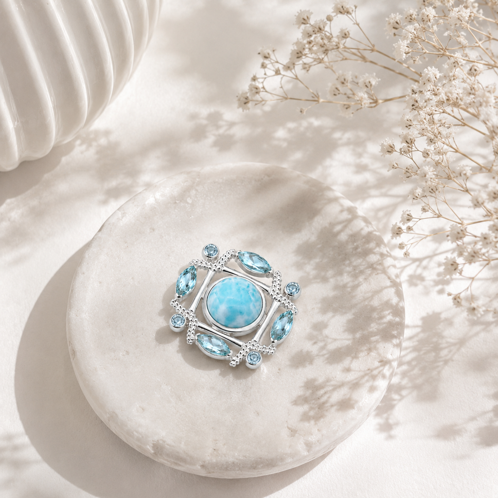 The Caribbean Grid Larimar and Blue Topaz Pendant