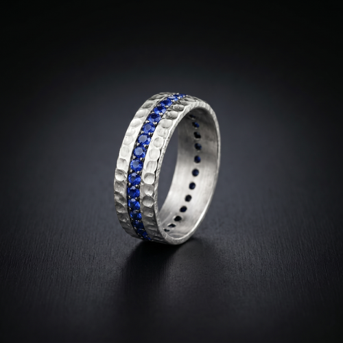 Blue Sapphire Men's Eternity Hammered Band