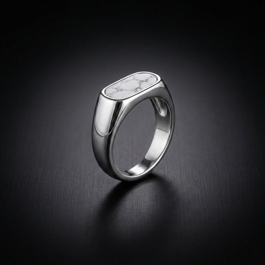 White Howlite Men's Minimalist Silver Ring