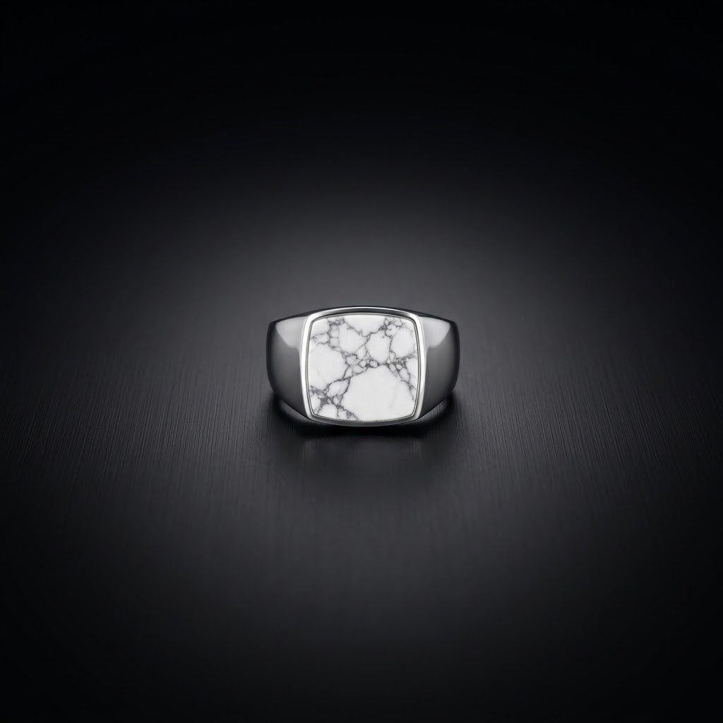 White Howlite Signet Men's Ring in Sterling Silver