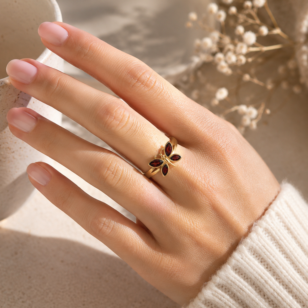 Hand wearing a gold ring with red gemstones against a neutral background
