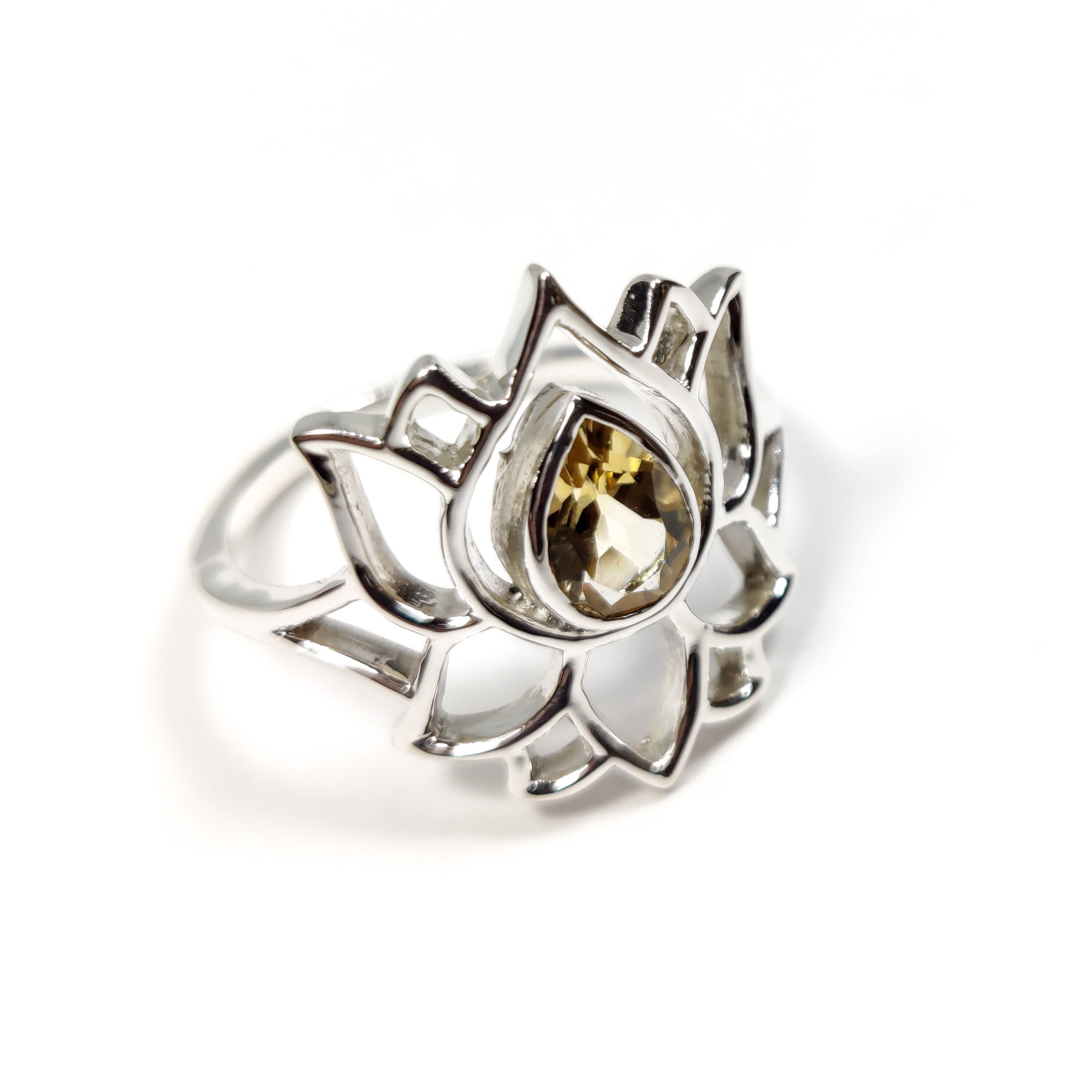 Sterling Silver Lotus Ring: Teardrop Gemstone, Stackable Flower Ring
