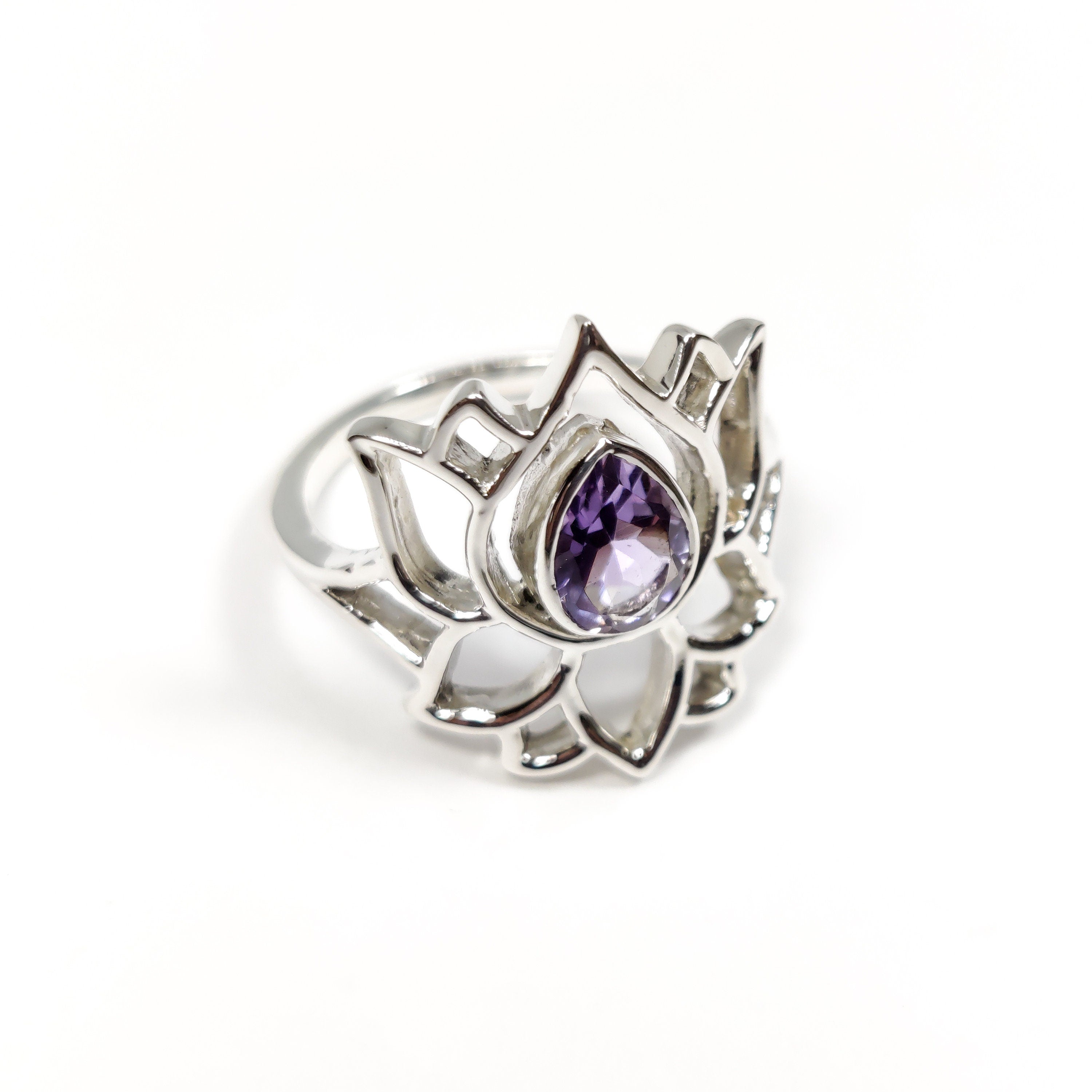 Sterling Silver Lotus Ring: Teardrop Gemstone, Stackable Flower Ring