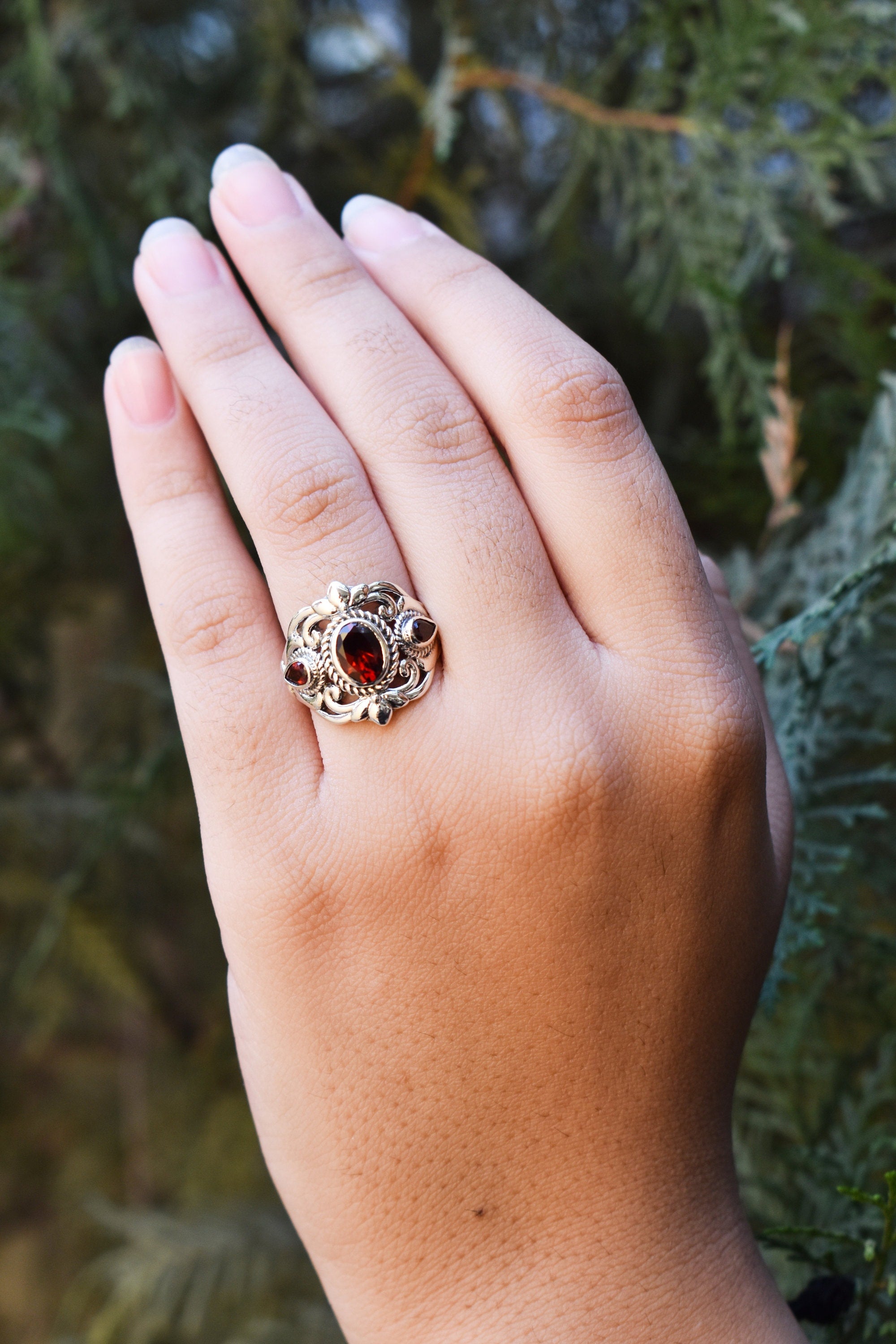 Vintage Garnet Ring: 925 Sterling Silver Filigree Design
