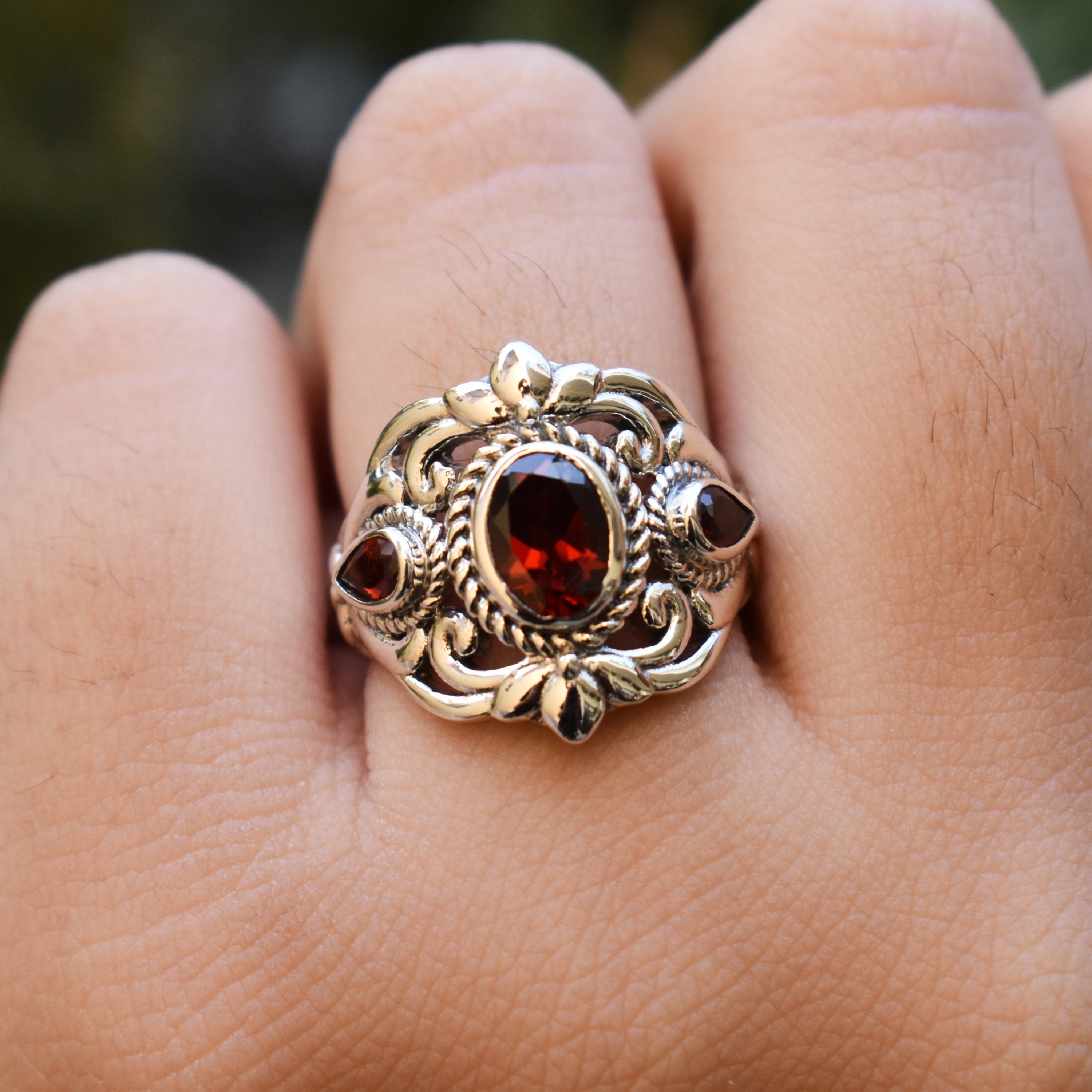 Vintage Garnet Ring: 925 Sterling Silver Filigree Design