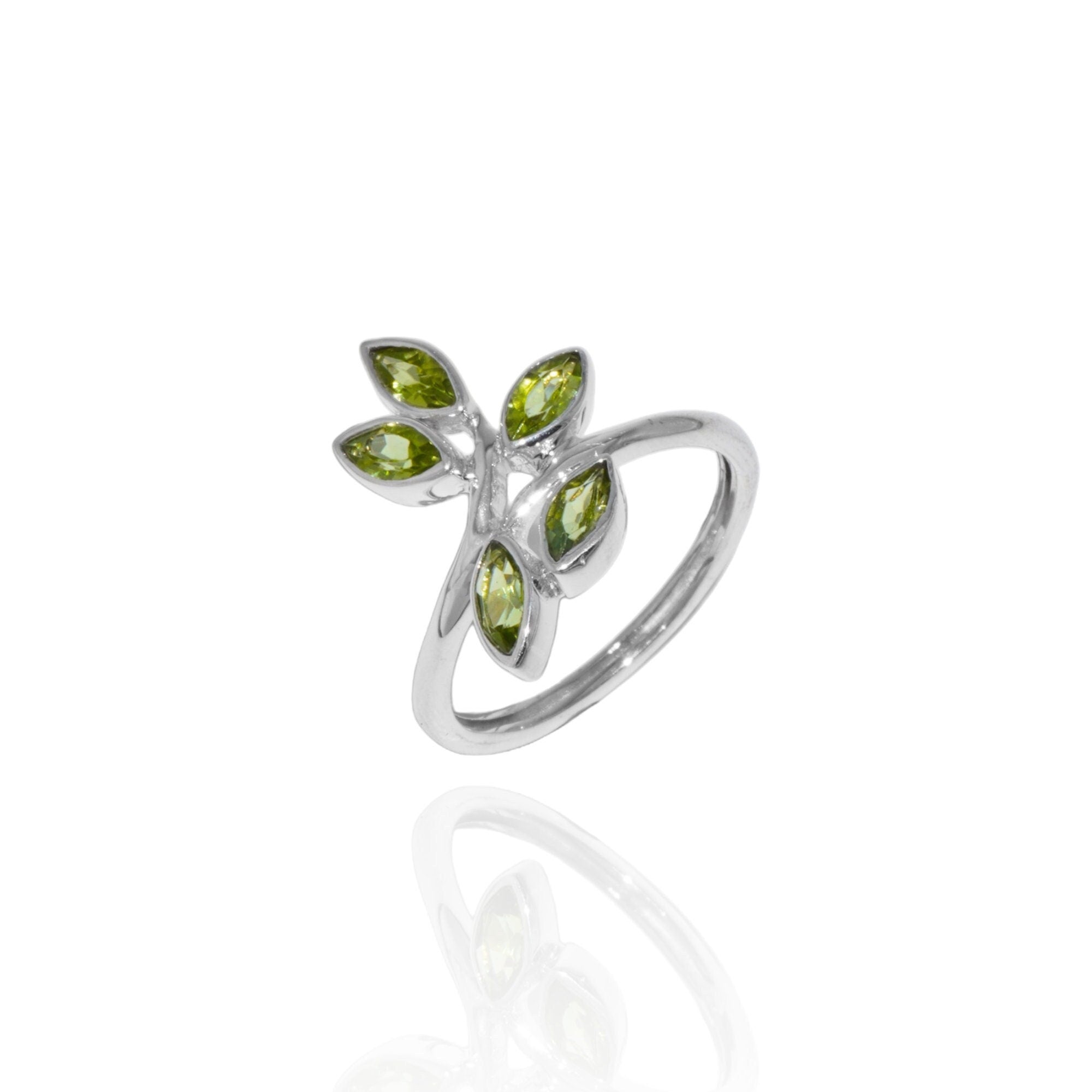 Dainty Peridot Leaf Ring: 925 Sterling Silver Gemstone Ring