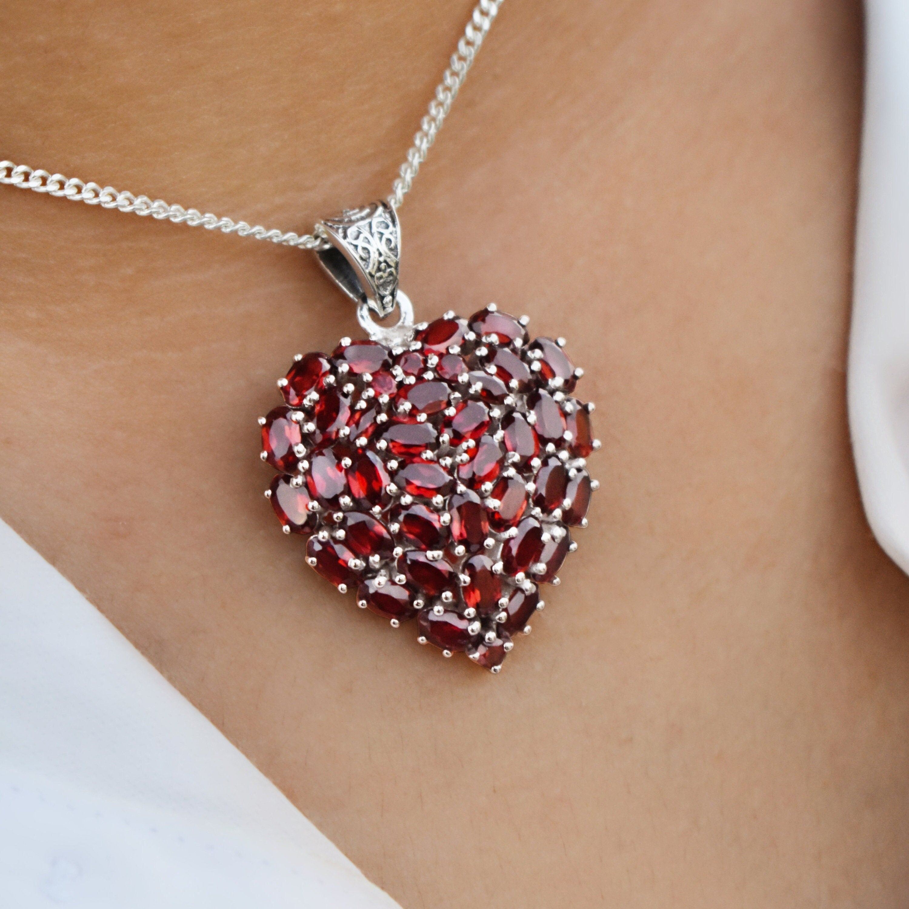 Garnet Gemstone Heart Pendant: Handmade 925 Sterling Silver Necklace