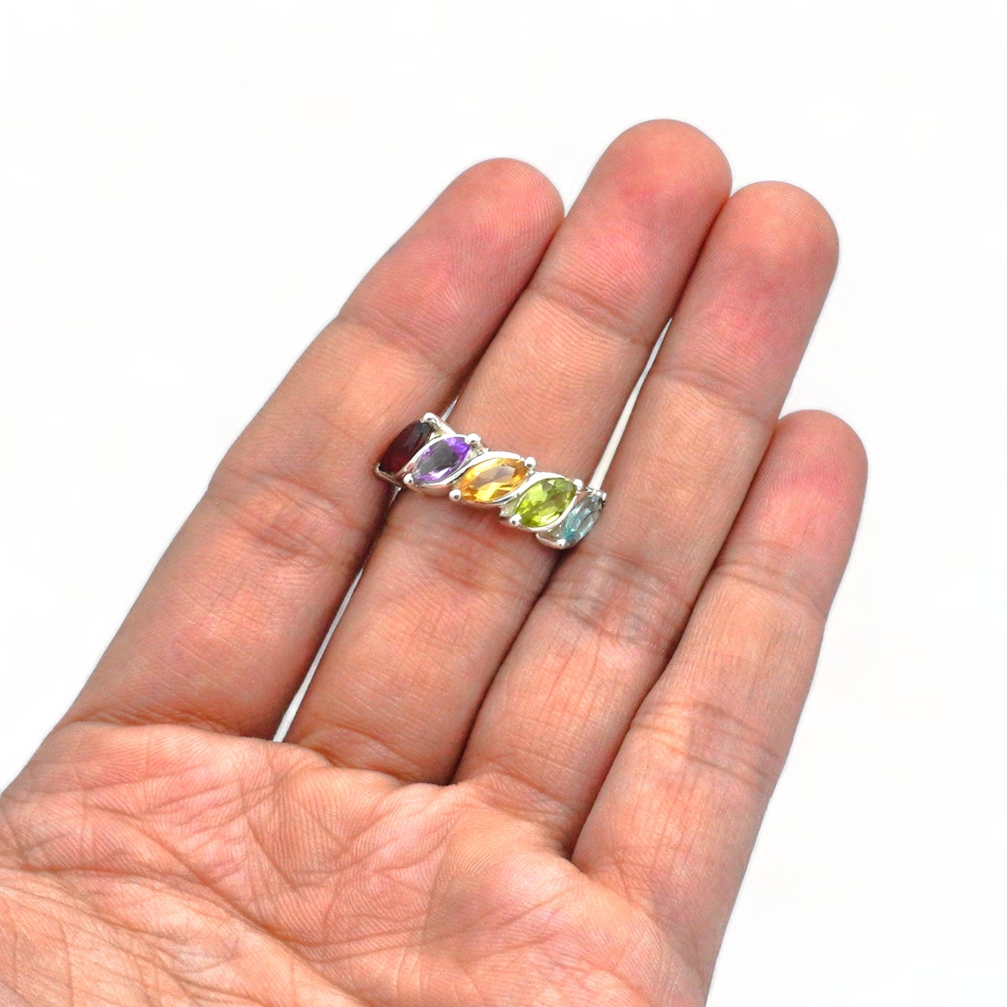925 Sterling Silver Multi Gemstone Ring: Garnet, Amethyst, Peridot