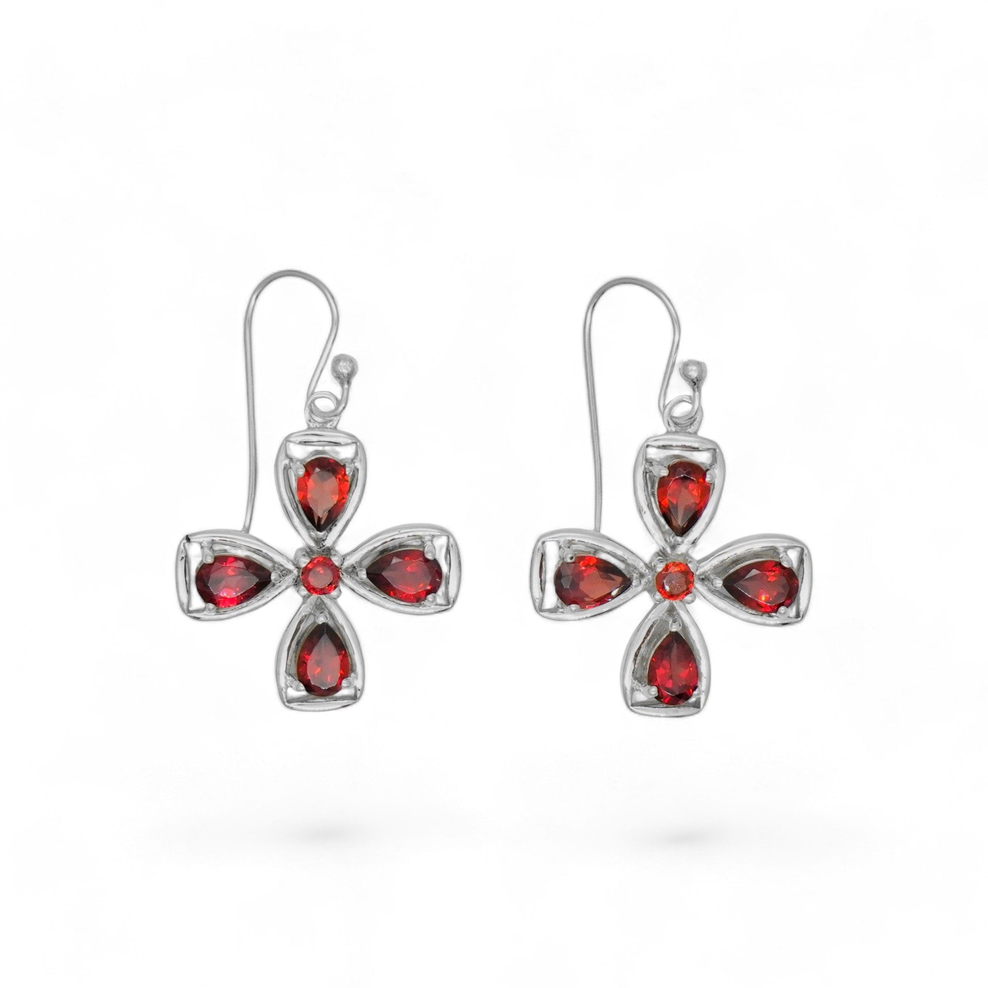 Sterling Silver Garnet Flower Earrings: 925 Silver Designer Jewelry