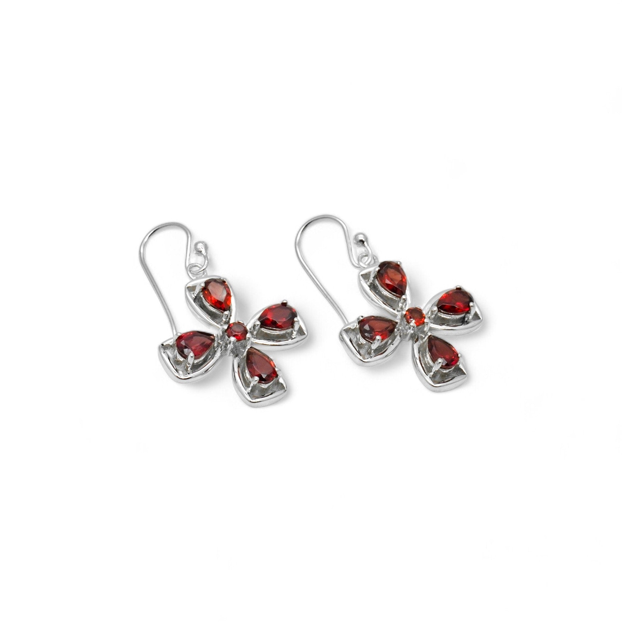 Sterling Silver Garnet Flower Earrings: 925 Silver Designer Jewelry