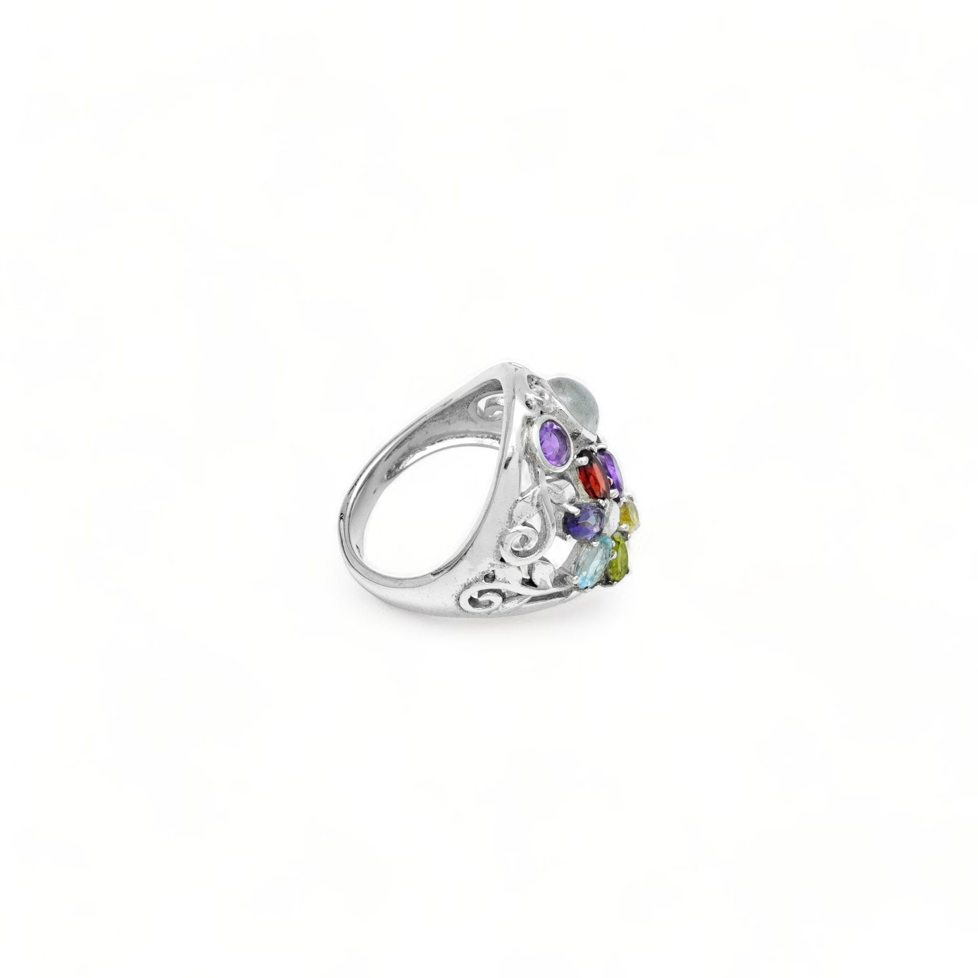 Multi Gemstone Ring: Sterling Silver Moonstone, Garnet, Peridot