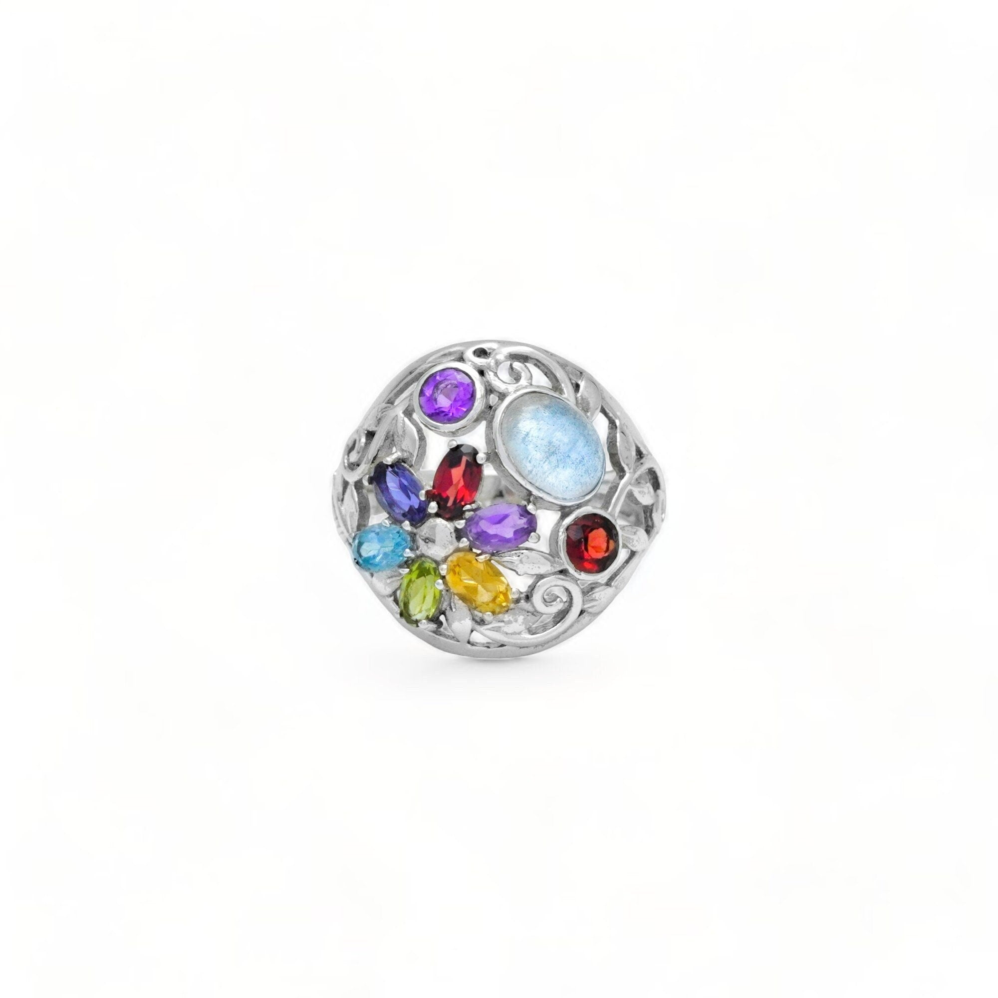 Multi Gemstone Ring: Sterling Silver Moonstone, Garnet, Peridot
