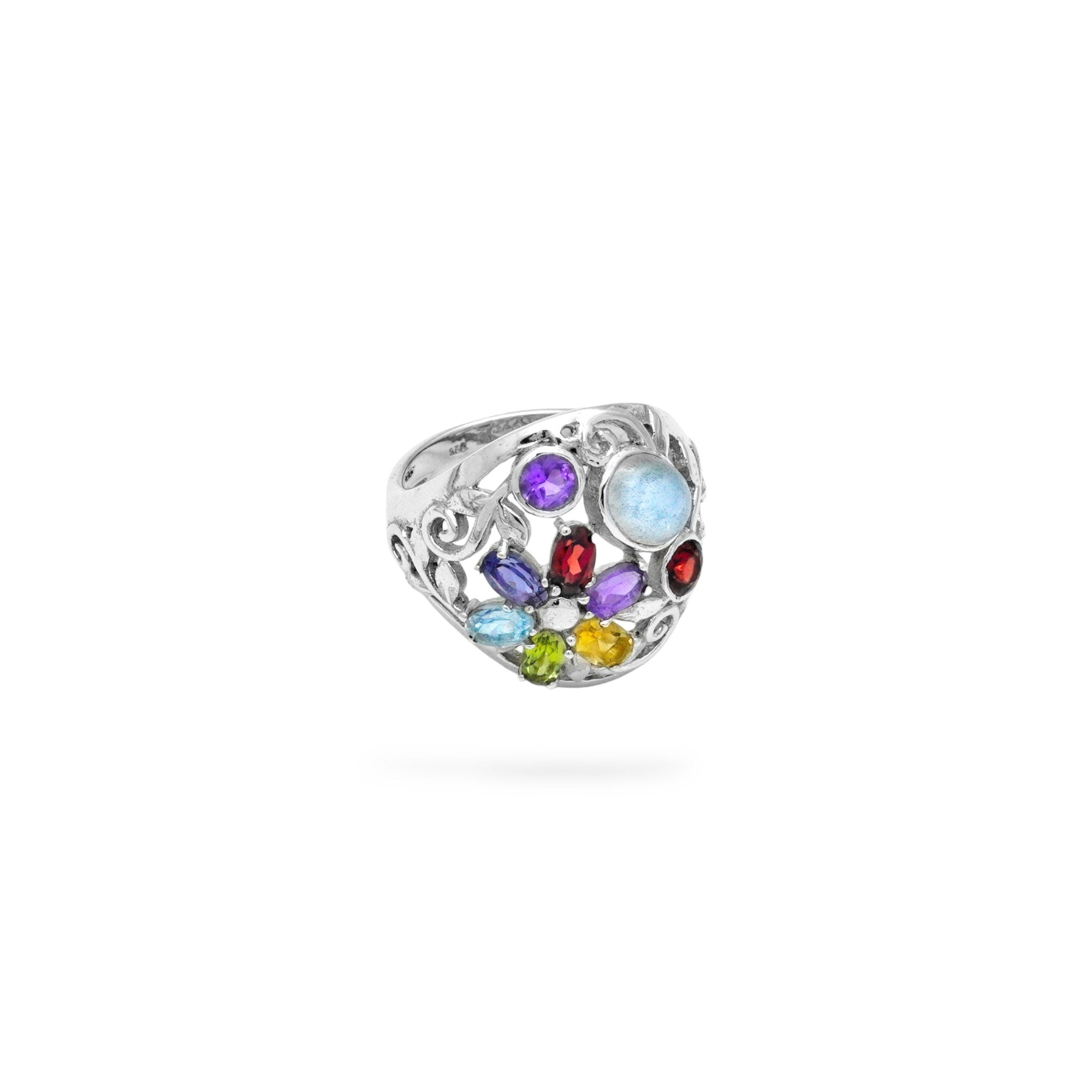 Multi Gemstone Ring: Sterling Silver Moonstone, Garnet, Peridot