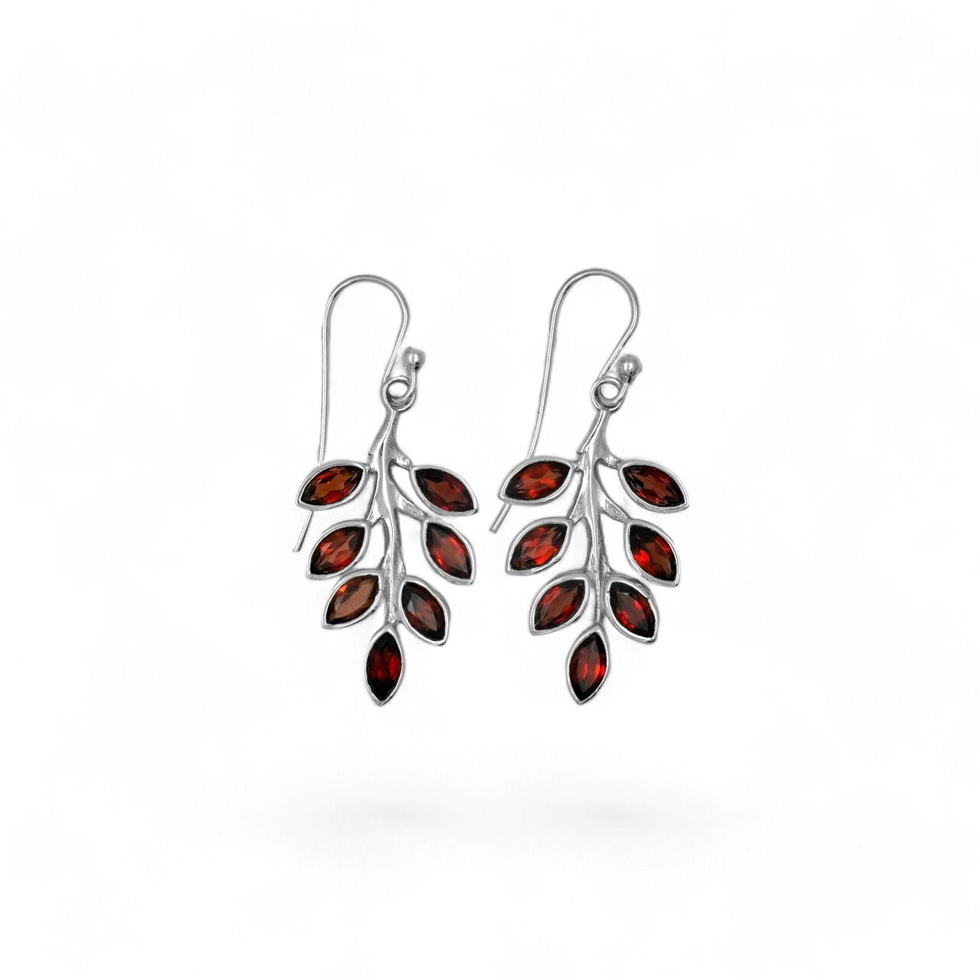 Sterling Silver Garnet Leaf Earrings: Nature Inspired Jewelry