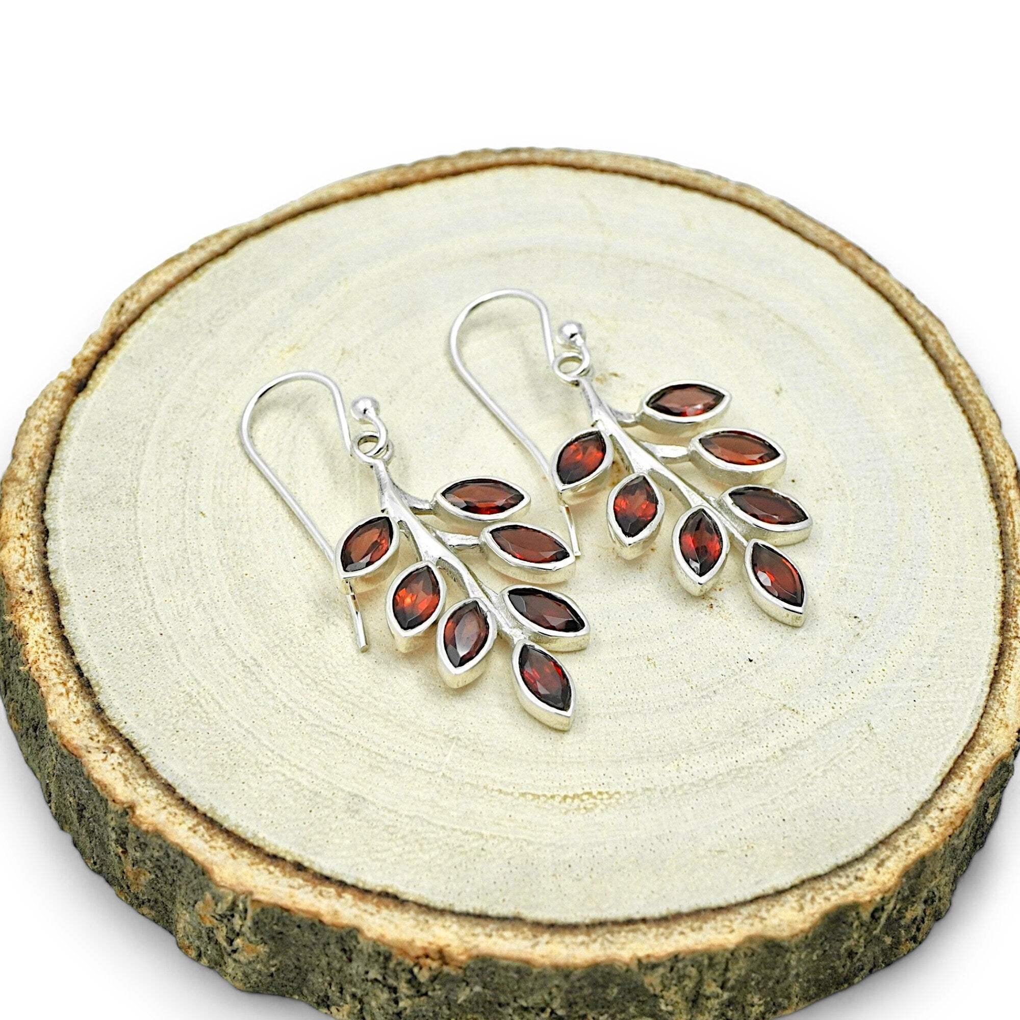 Sterling Silver Garnet Leaf Earrings: Nature Inspired Jewelry