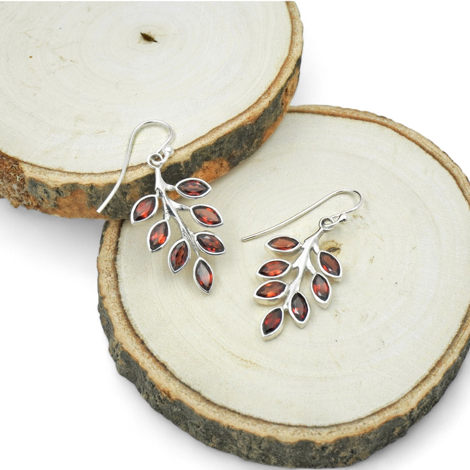 Sterling Silver Garnet Leaf Earrings: Nature Inspired Jewelry
