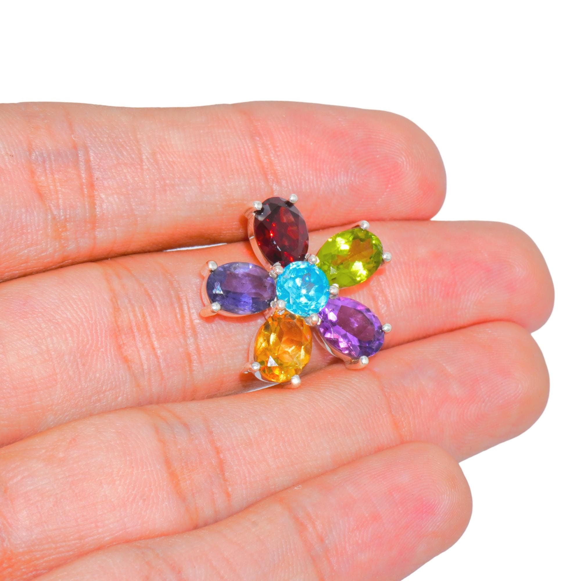 Multi-gemstone Flower Pendant: 925 Sterling Silver, Iolite, Amethyst, Garnet