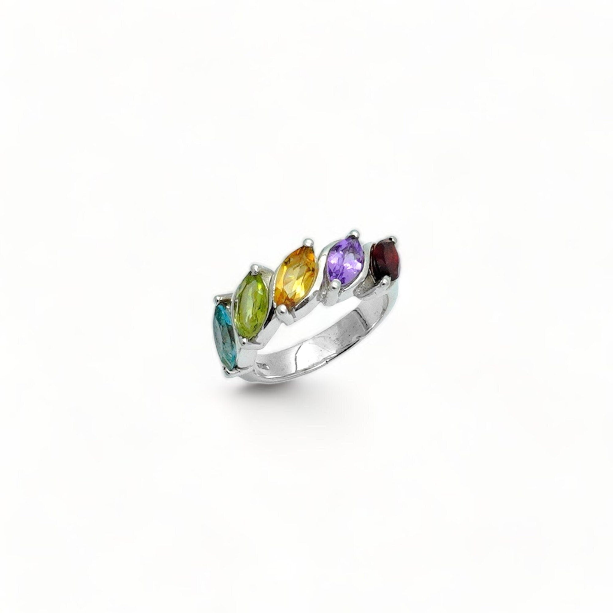 925 Sterling Silver Multi Gemstone Ring: Garnet, Amethyst, Peridot