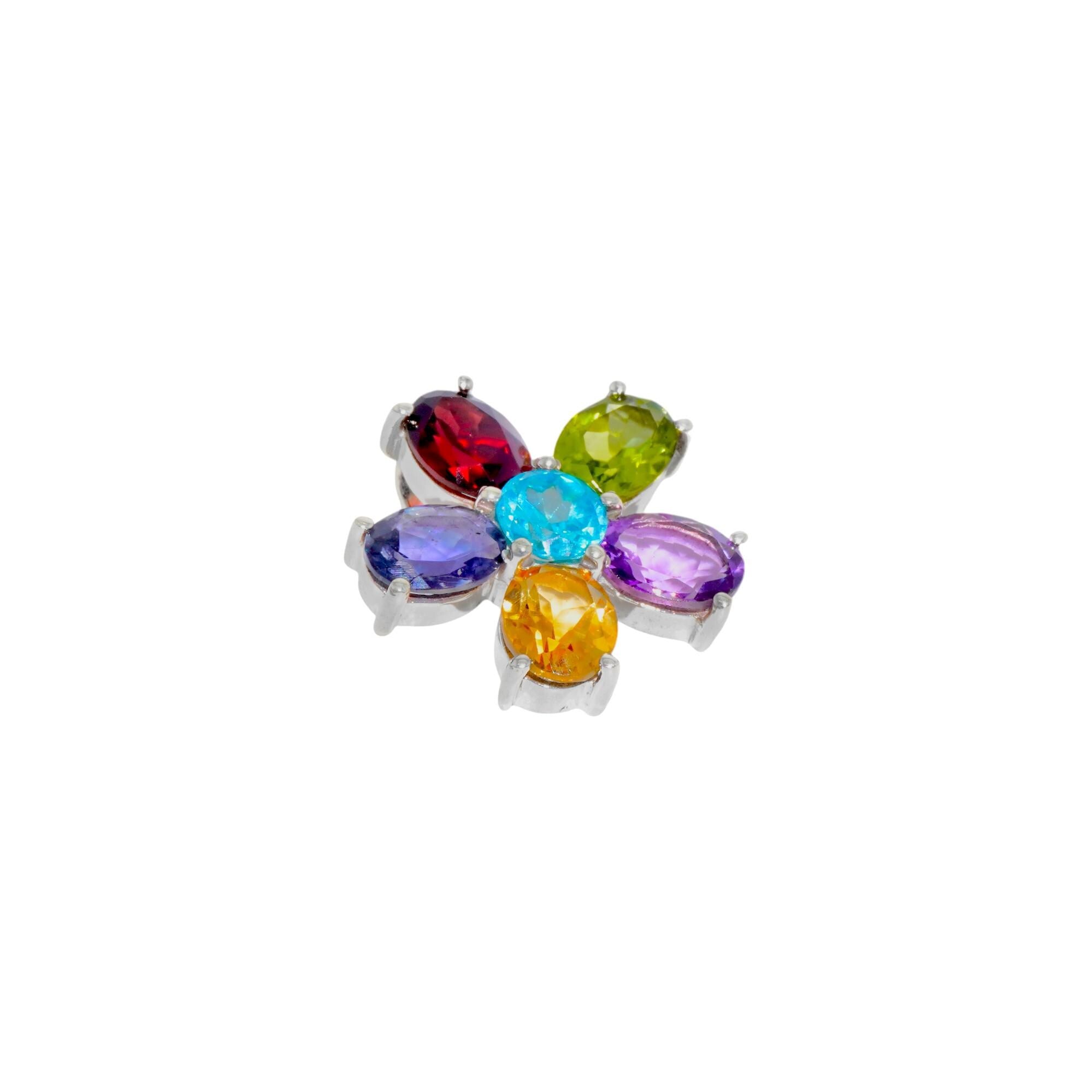 Multi-gemstone Flower Pendant: 925 Sterling Silver, Iolite, Amethyst, Garnet