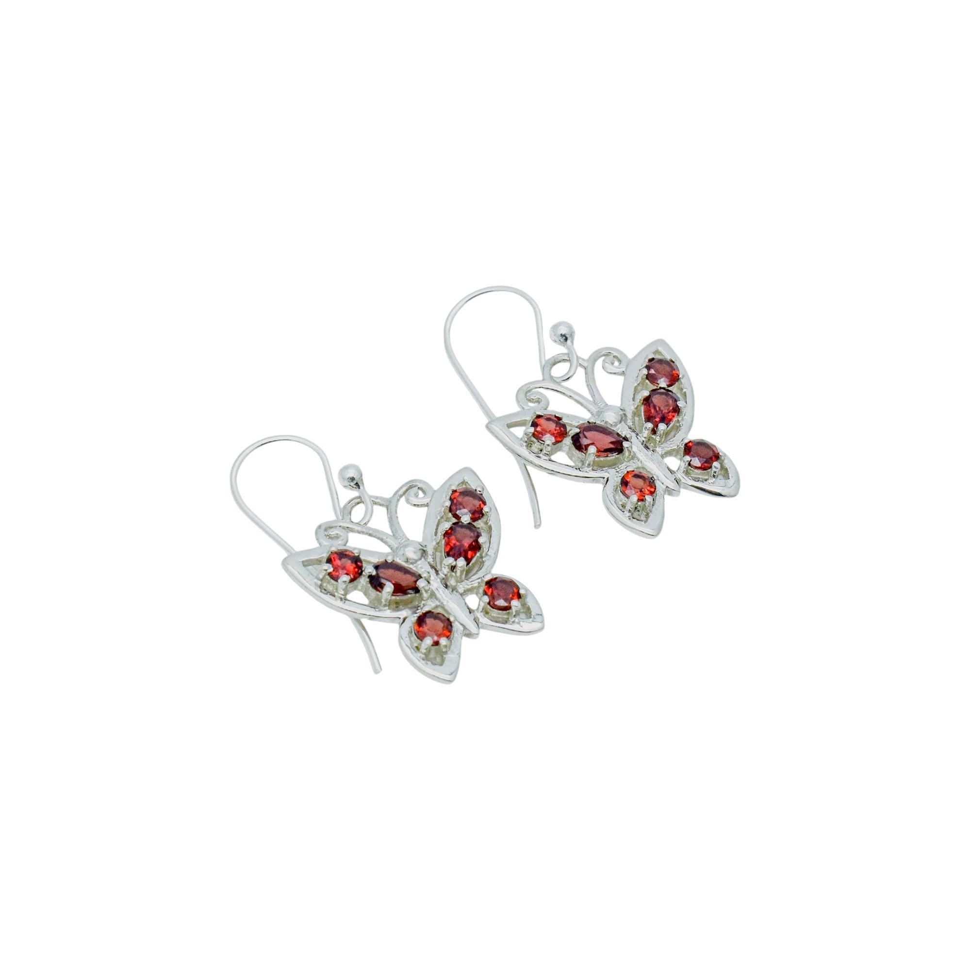 Garnet Butterfly Earrings: 925 Sterling Silver Dangle Earrings