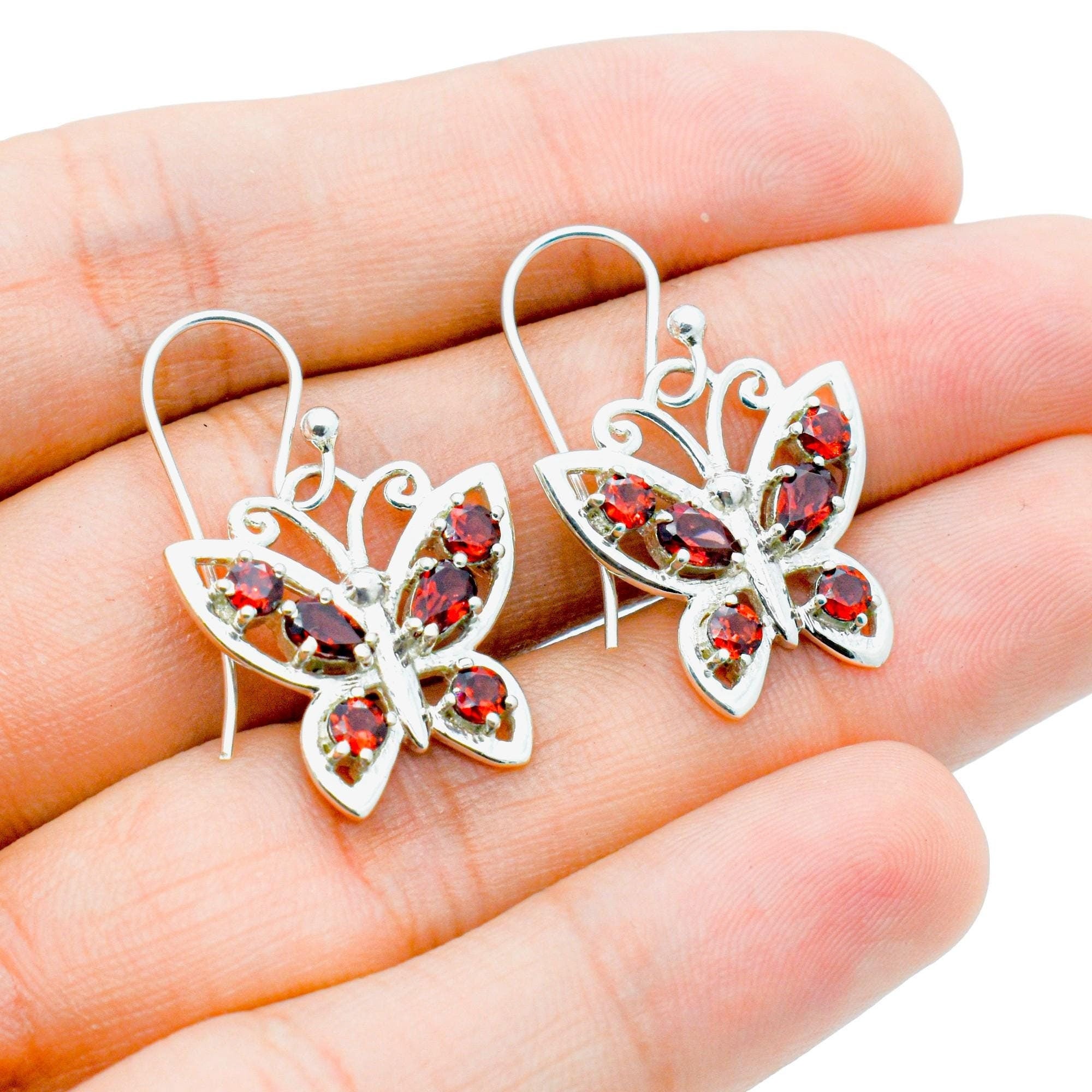 Garnet Butterfly Earrings: 925 Sterling Silver Dangle Earrings