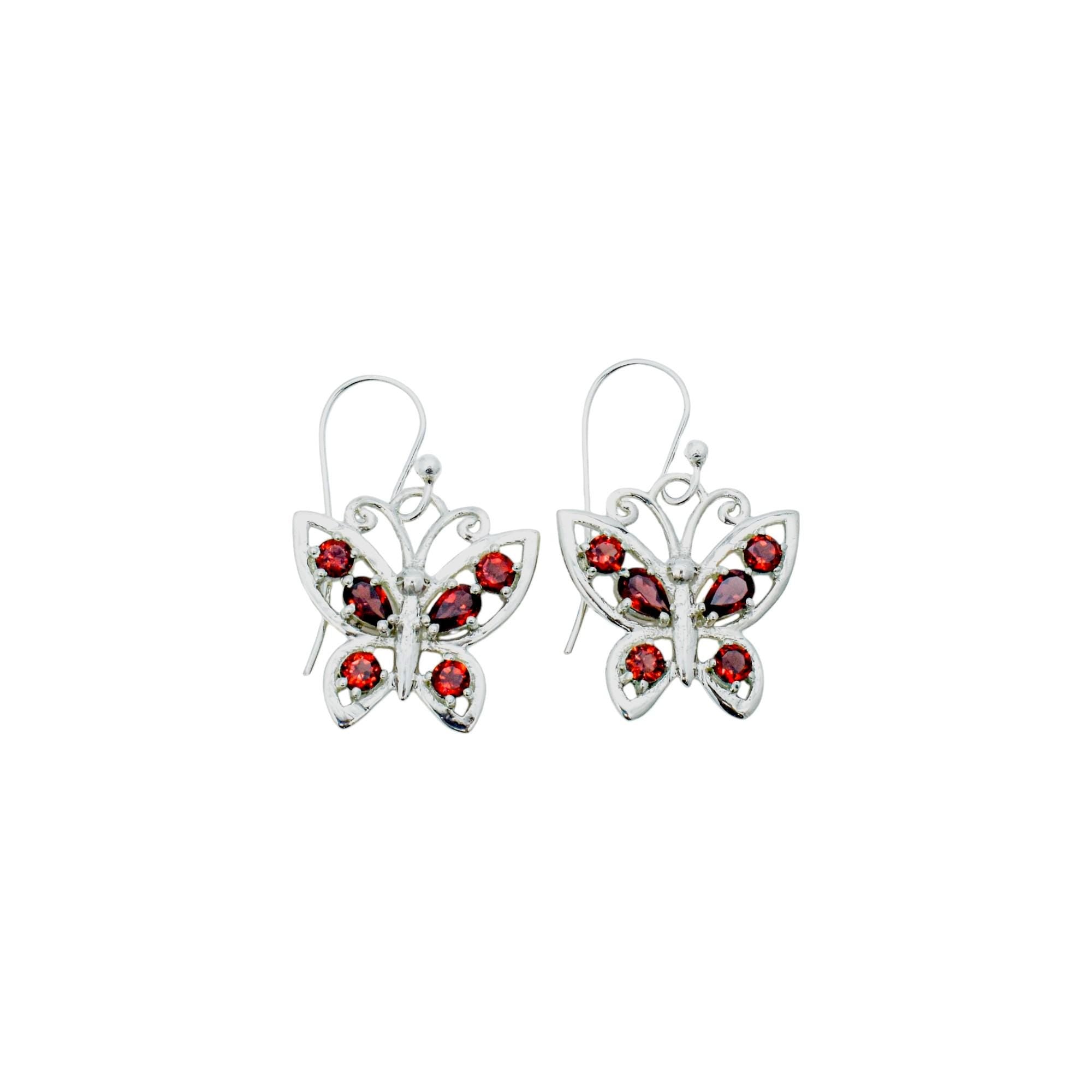 Garnet Butterfly Earrings: 925 Sterling Silver Dangle Earrings