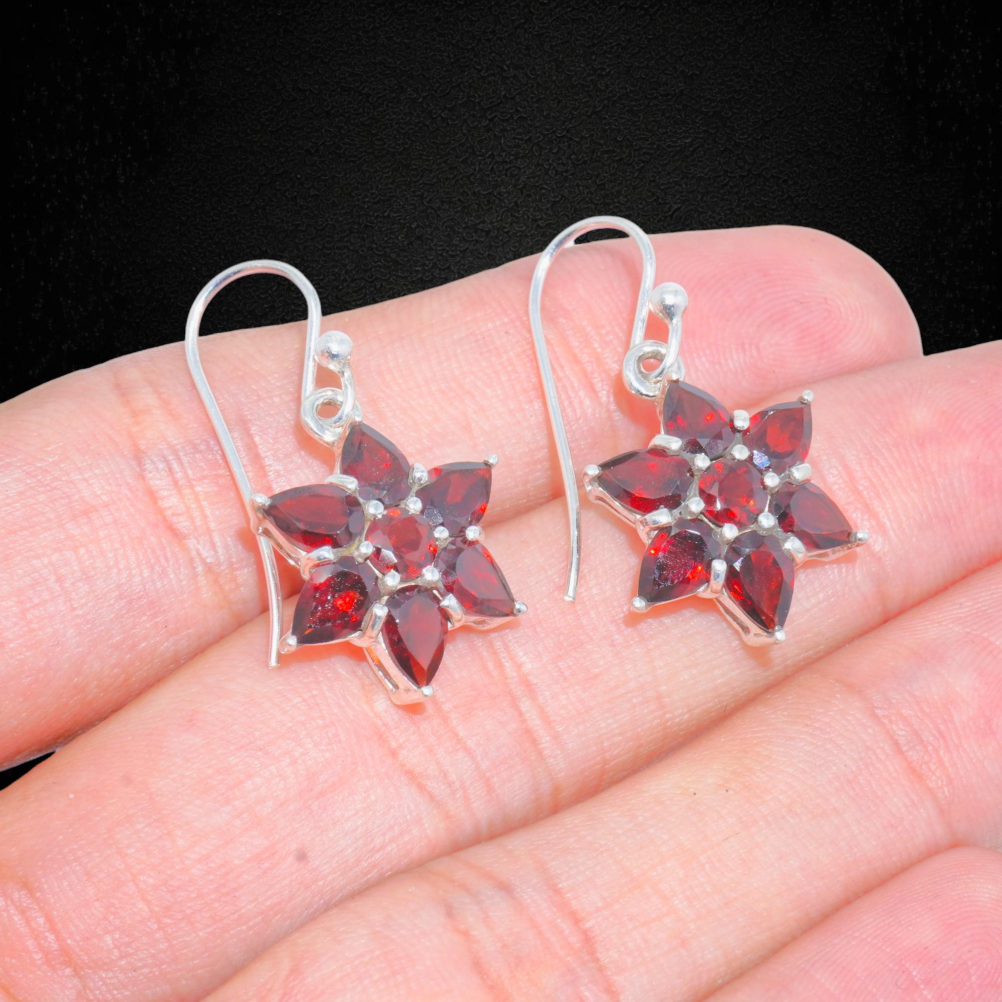 Garnet Flower Earrings: 925 Sterling Silver Dangle Charms